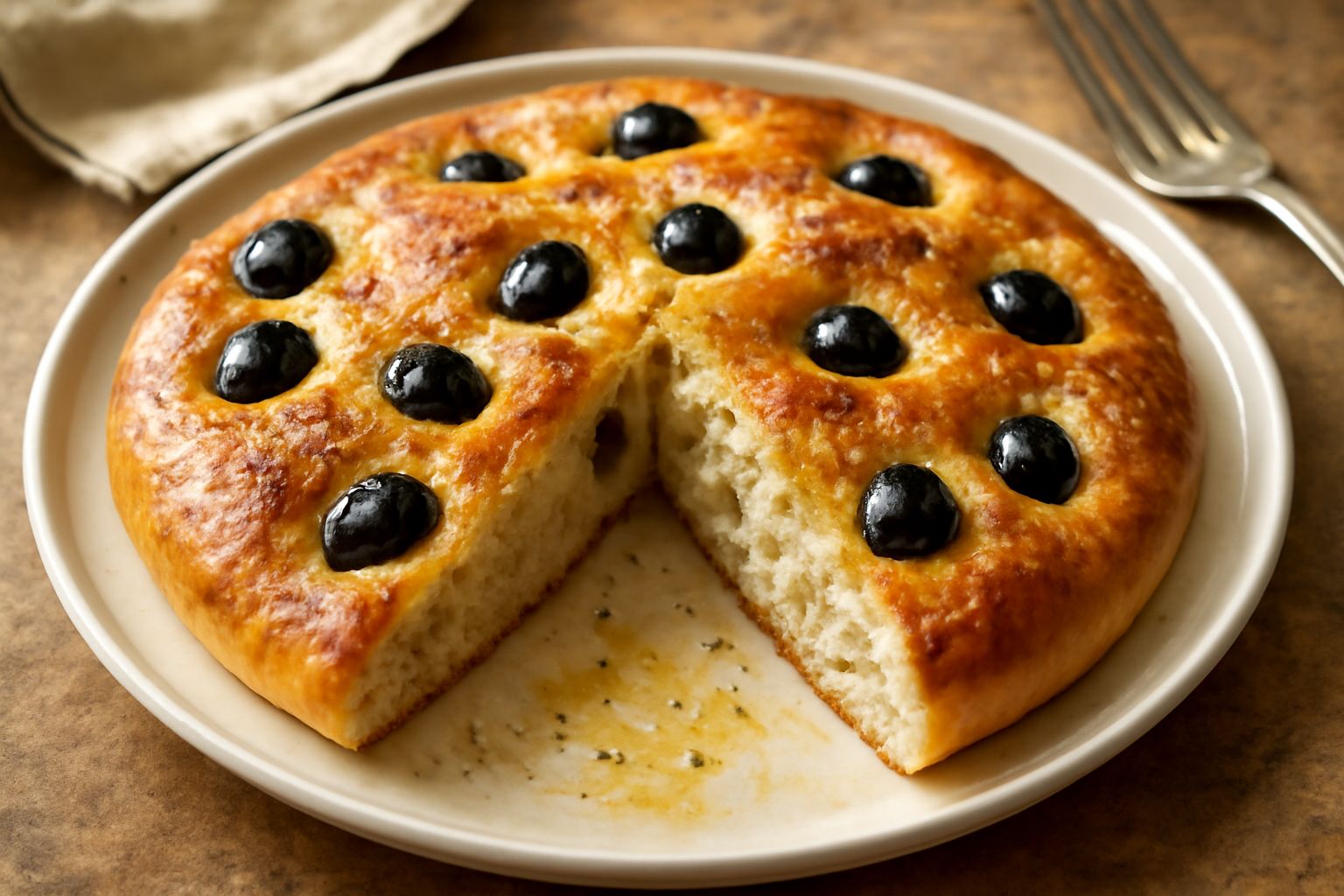 Focaccia quadrata appena sfornata, dorata in superficie, cosparsa di olive nere intere e granelli di sale grosso, su un piatto di ceramica bianca