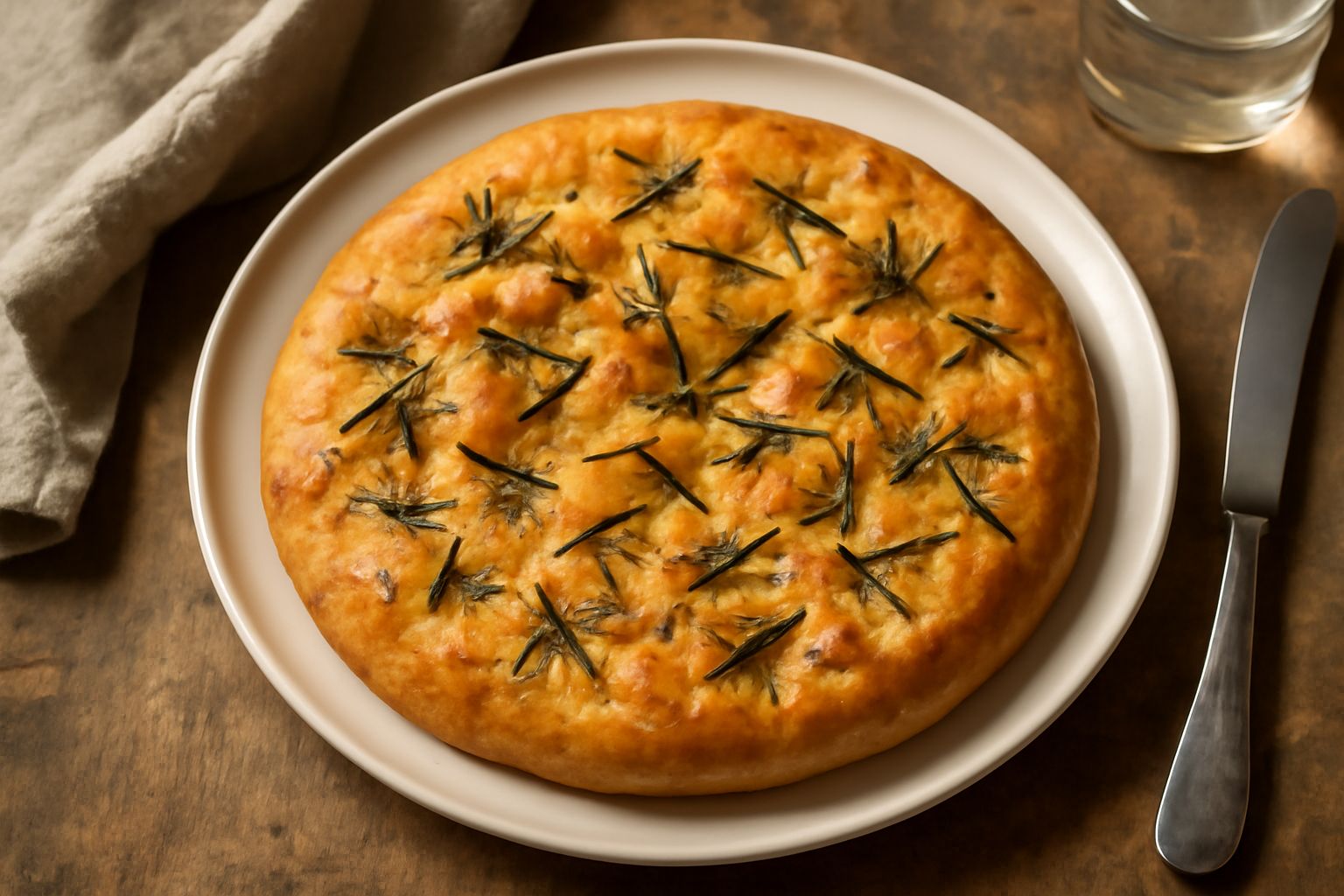 Focaccia al rosmarino dorata e croccante in superficie con pozzetti di olio, rosmarino verde fresco e grani di sale grosso, servita intera su tavolo bianco con una porzione staccata accanto