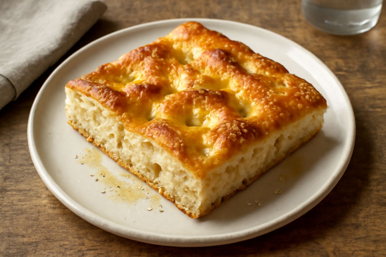 Focaccia calabrese quadrata su piatto bianco, crosta dorata con avvallamenti e rivoli d'olio, sale grosso sparso in superficie, taglio netto che mostra l'interno soffice e alveolato