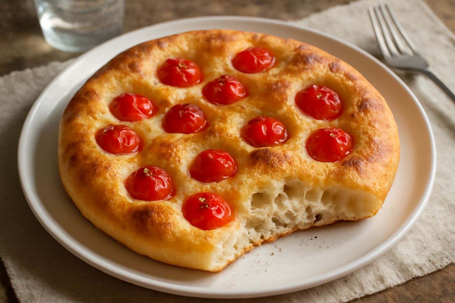 Focaccia casertana ancora calda in teglia: superficie dorata con buchi irregolari, condita con pomodorini rossi, olio lucido e grani di sale grosso visibili