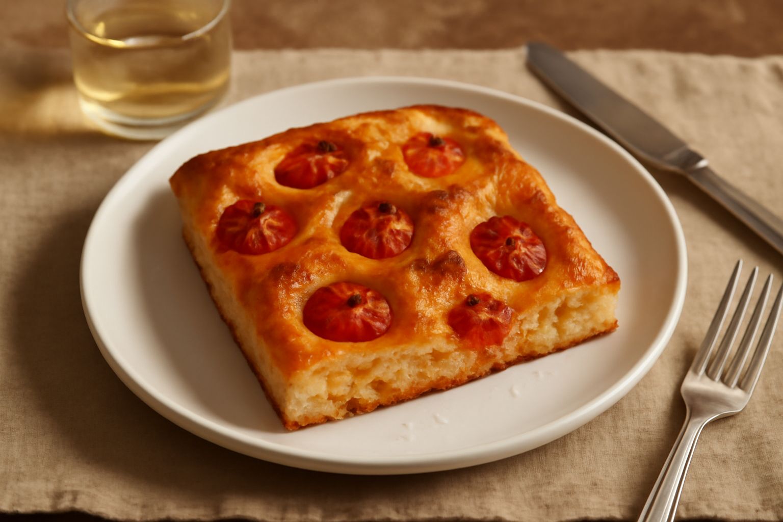 Focaccia appena sfornata con pomodori rossi freschi premuti nella pasta, sale grosso brillante sulla superficie dorata, olio che crea zone di lucentezza