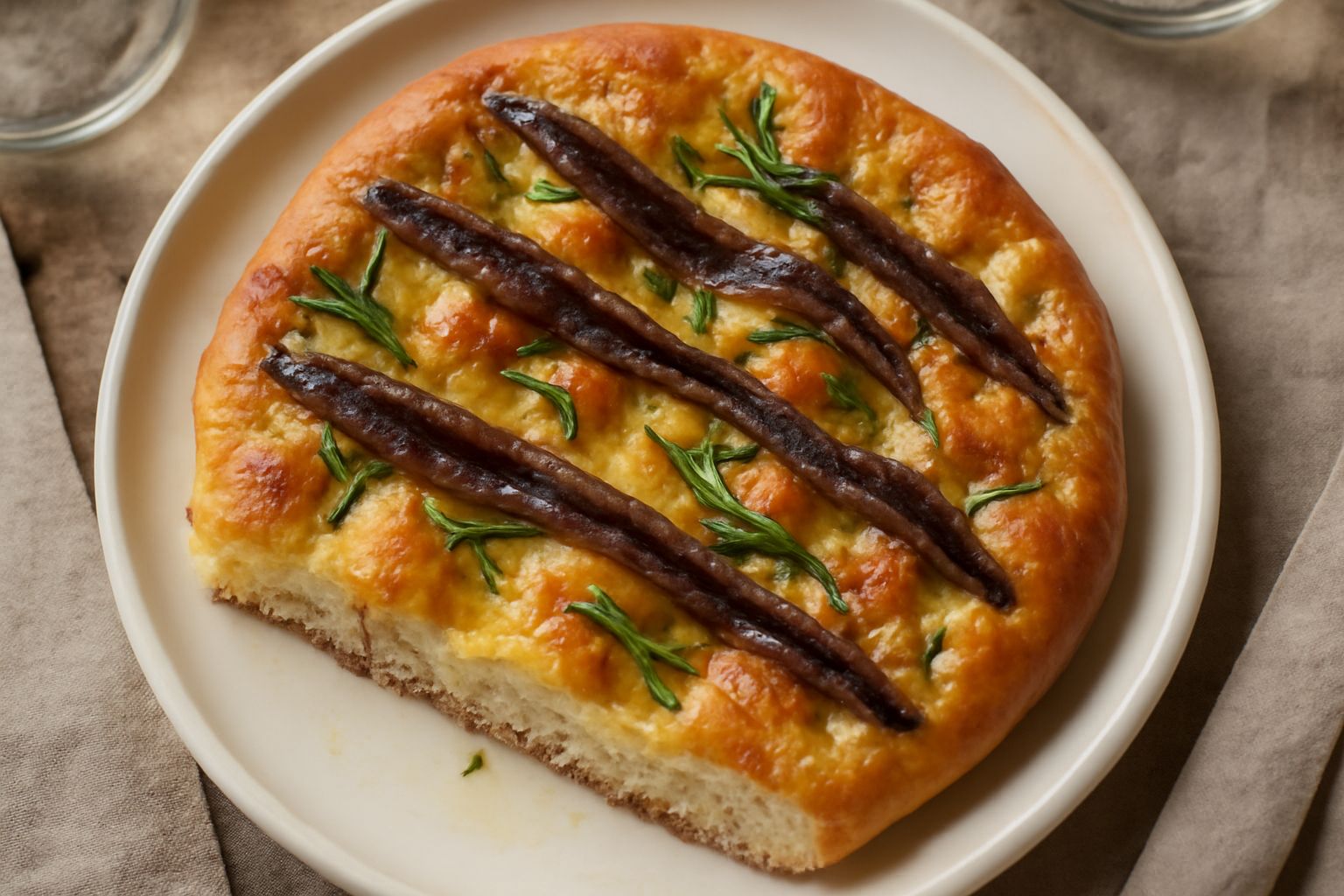 Focaccia rettangolare dorata con acciughe scure disposte regolari, rosmarino e grani di sale grosso sparsi in superficie, spezzata in due per mostrare la mollica soffice e umida all'interno