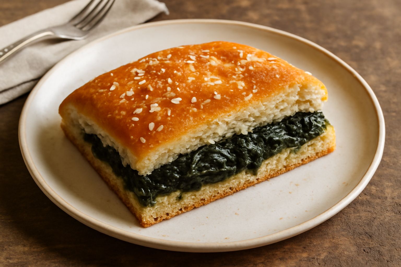 Focaccia quadrata e dorata tagliata a fette, farcita con cicoria verde scuro ripassata, cosparsa di olio extravergine e granelli di sale marino, impiattata su tavolo di legno