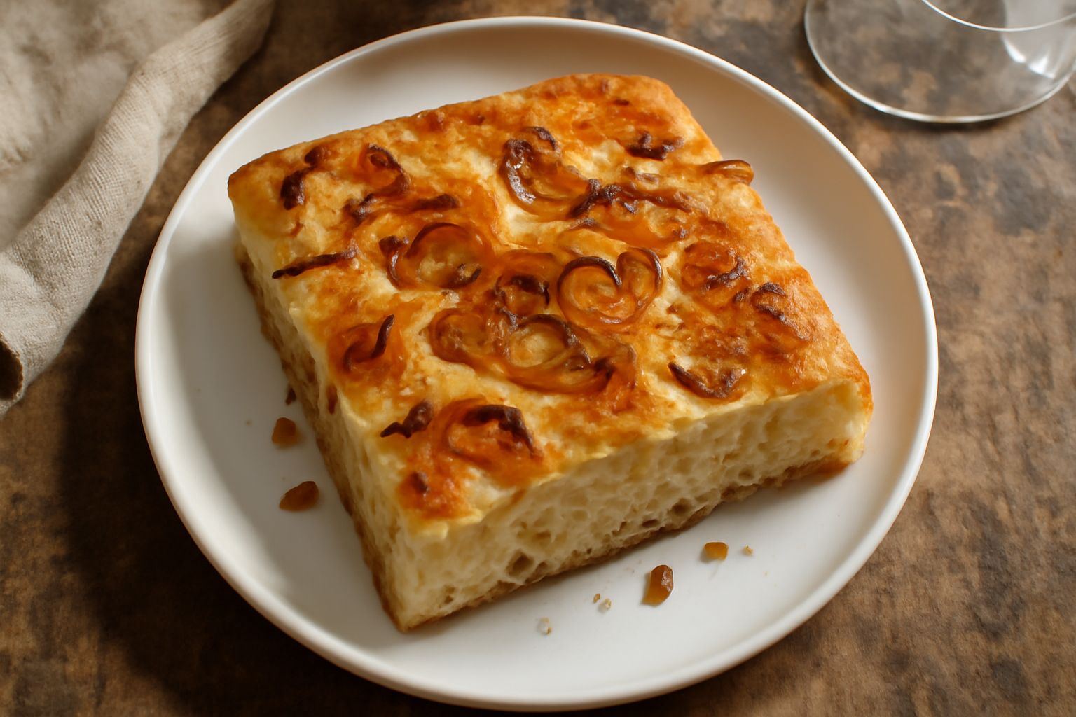 Focaccia con cipolla dorata e croccante in superficie, con cipolla caramellata visibile, cosparsa di olio e sale grosso, posata su un tavolo di legno con un coltello accanto