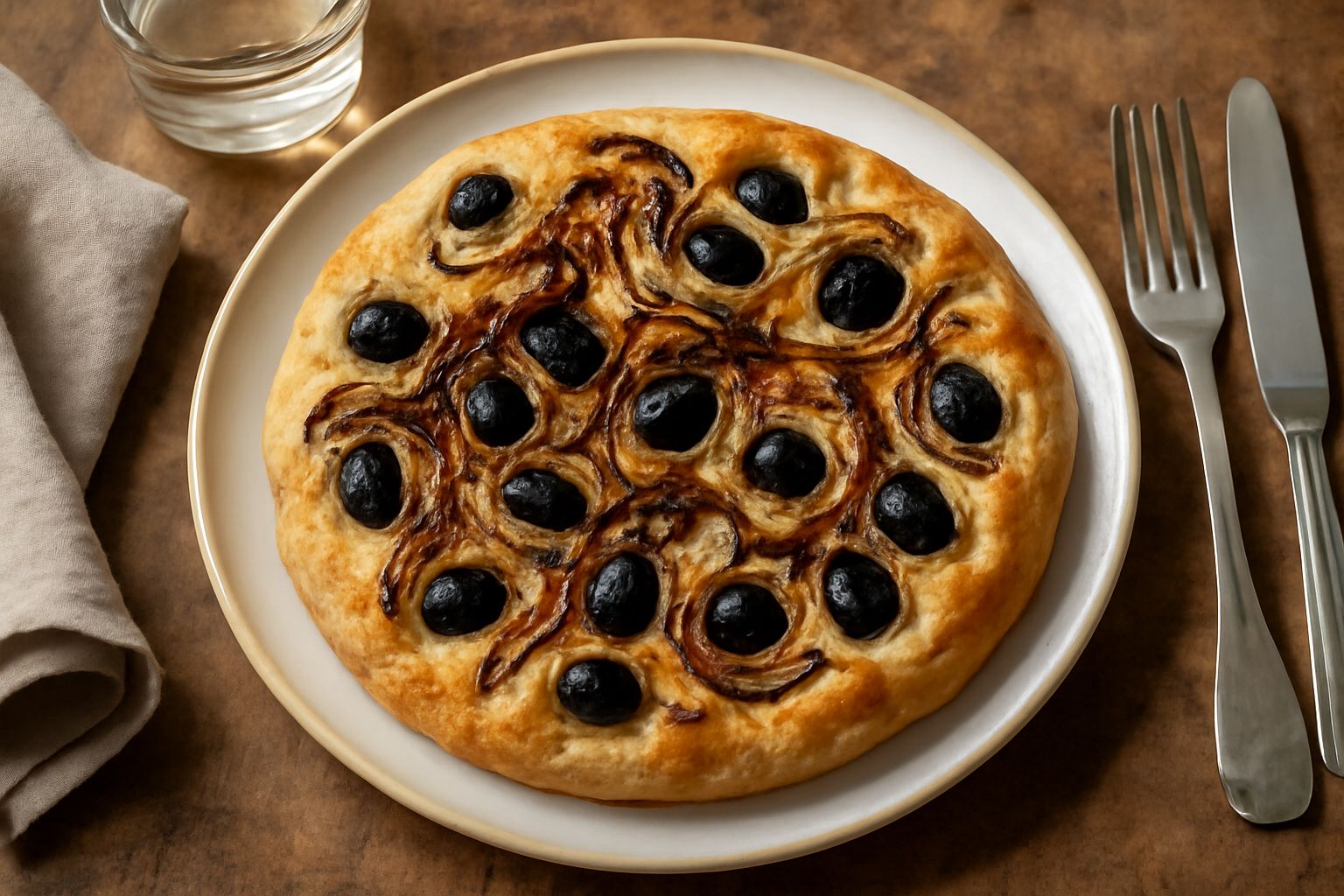 Focaccia rettangolare dorata e croccante in superficie con cipolla caramellata scura e olive nere sparse, dimple visibili sulla pasta, su carta da forno bianca