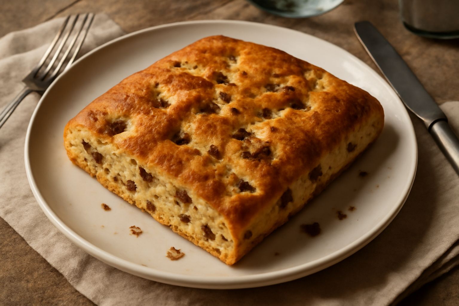 Focaccia quadrata con i ciccioli dorata e croccante, con pezzetti di ciccioli visibili sulla superficie, tagliata in fette su una tavola di legno, con olio d'oliva e sale grosso accanto