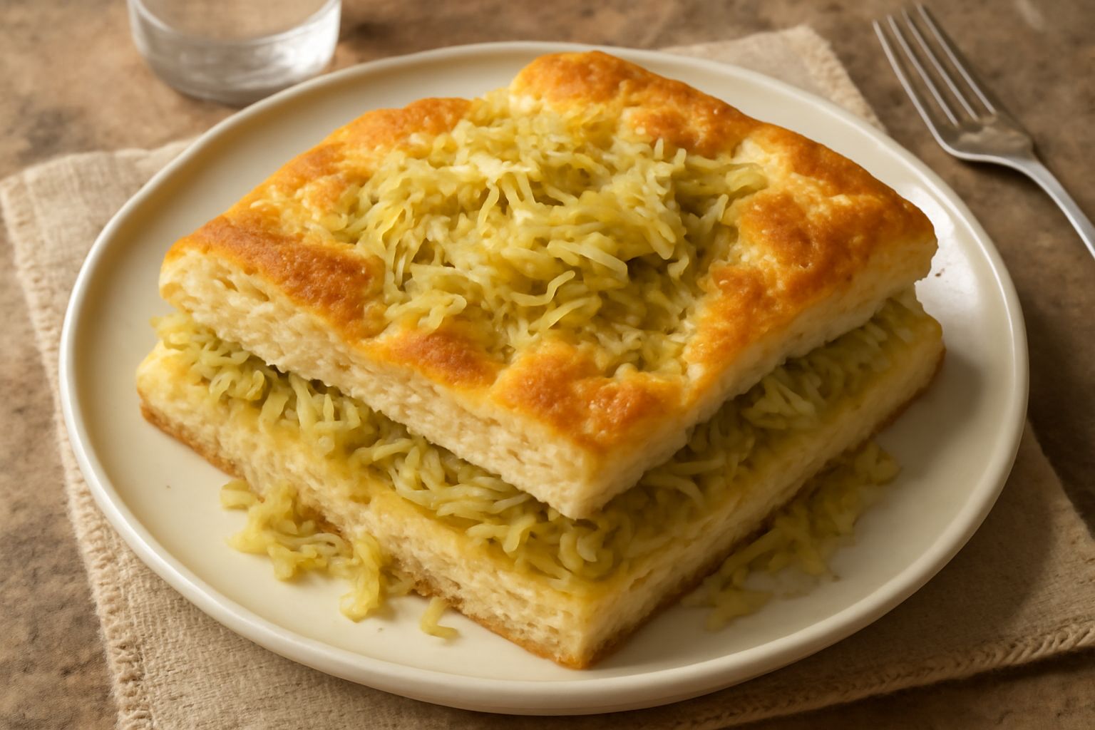 Focaccia dorata con crauti verdi e acidi distribuiti sulla superficie, rosmarino fresco sparso qua e là, tagliata a rettangoli, posata su un piatto bianco con olio d'oliva al bordo