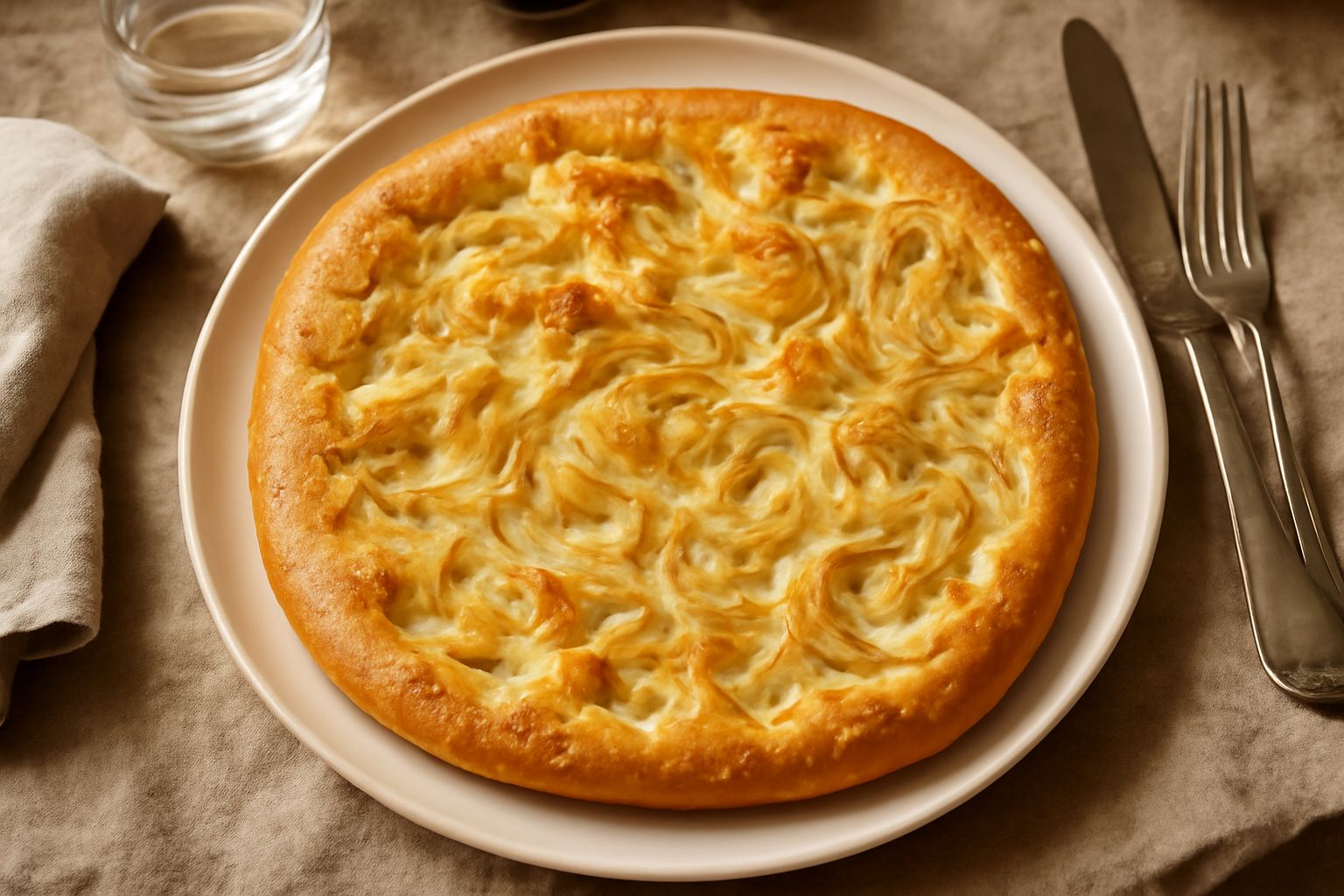 Una focaccia dorata al forno, con superficie irregolare e untuosa, coperta di strisce di cipolla bianca trasparente e caramellata, cosparsa di grani di sale marino, servita ancora tiepida in un piatto