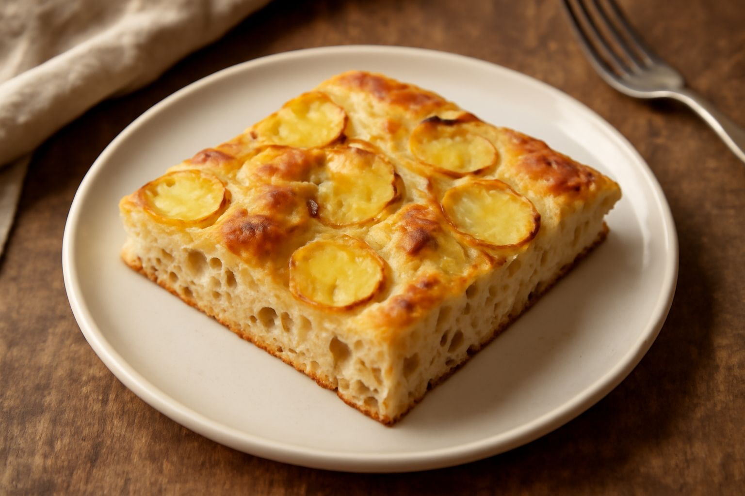 Focaccia dorata con patate tagliate a cubetti visibili in superficie, cosparsa di sale grosso e olio lucido, su carta forno con vapore