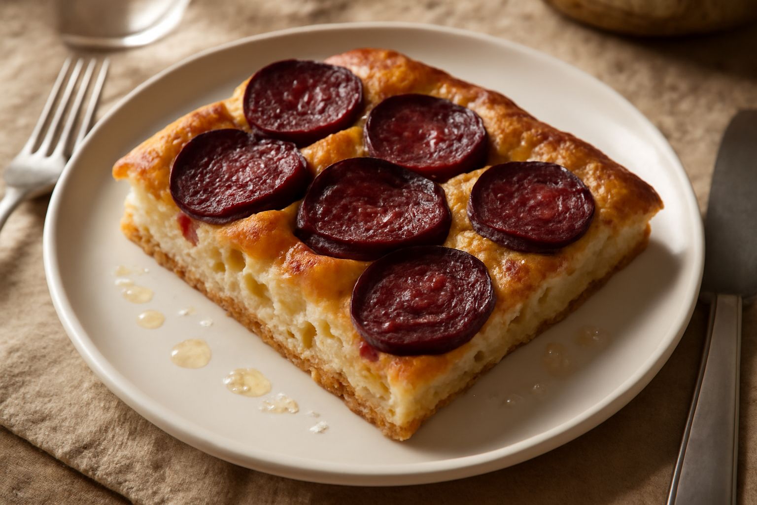 Focaccia appena sfornata con crosta dorata, fossette profonde piene di olio, rape rosse affettate sottili visibili in superficie e sale marino grosso, impiattata su un vassoio di carta.