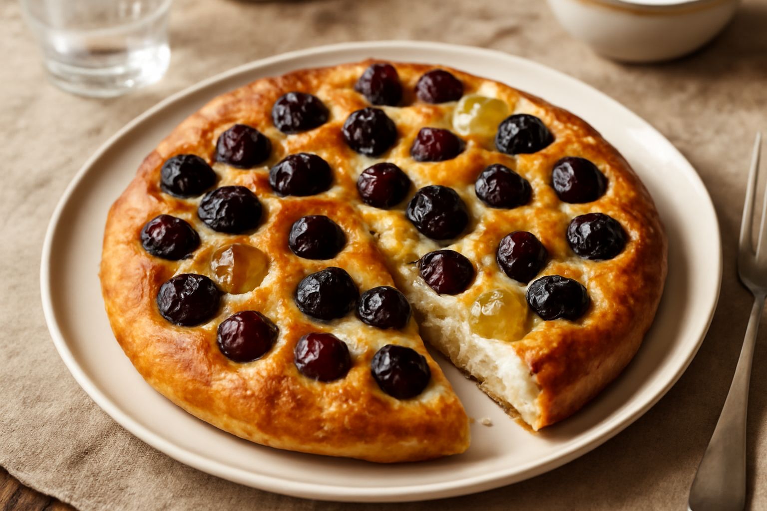Focaccia appena sfornata con uva nera e bianca pressata sulla superficie, rosso-dorata e lucida d'olio, in teglia quadrata, sfondo bianco