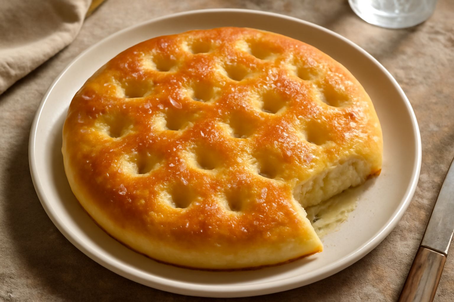 Focaccia rettangolare dorata e croccante in superficie, condita di olio d'oliva e sale grosso marino, tagliata a rettangoli su una tavola di legno, con fossette profonde visibili nell'impasto