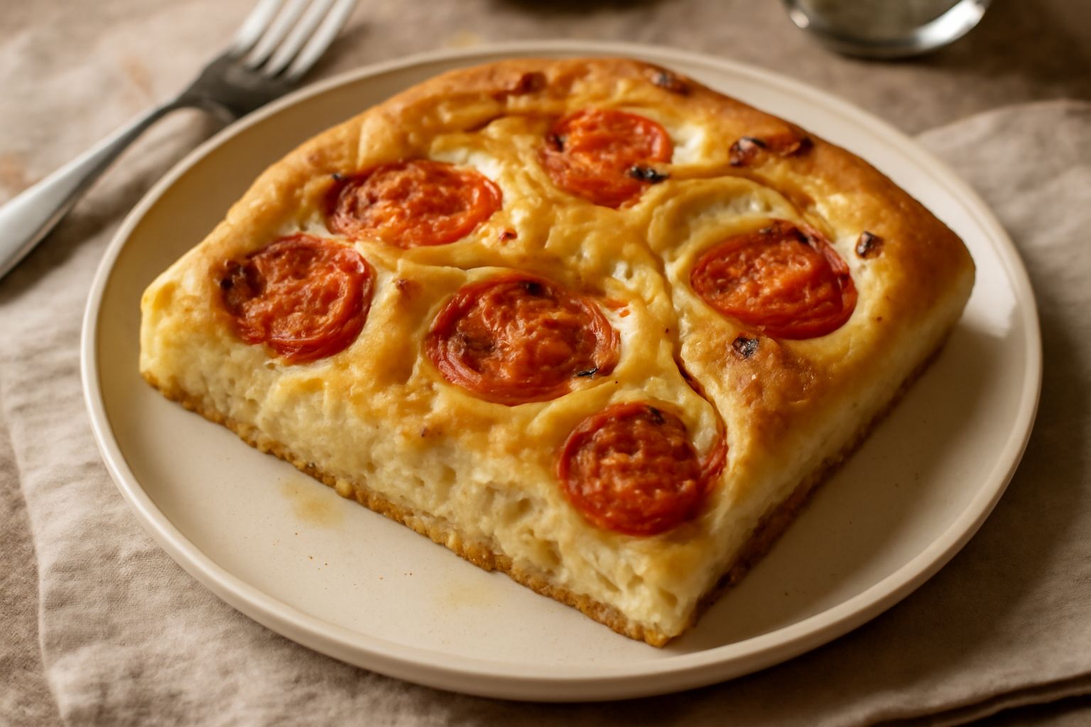 Focaccia appena sfornata su tavolo di legno, superficie dorata e bagnata d'olio, rosso dei pomodori e giallo delle cipolle ben visibili, alcuni rosmarino sparso, tagli profondi tipici della focaccia