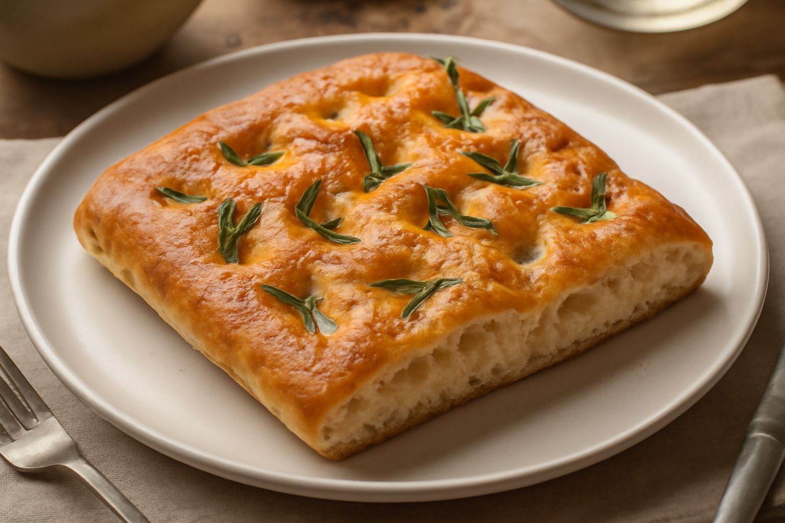 Focaccia appena sfornata, rettangolare, con crosta dorata e brillante, rosmarino fresco incastonato sulla superficie, buchi irregolari visibili, olio d'oliva che lucida i bordi, tagliata a metà con mi