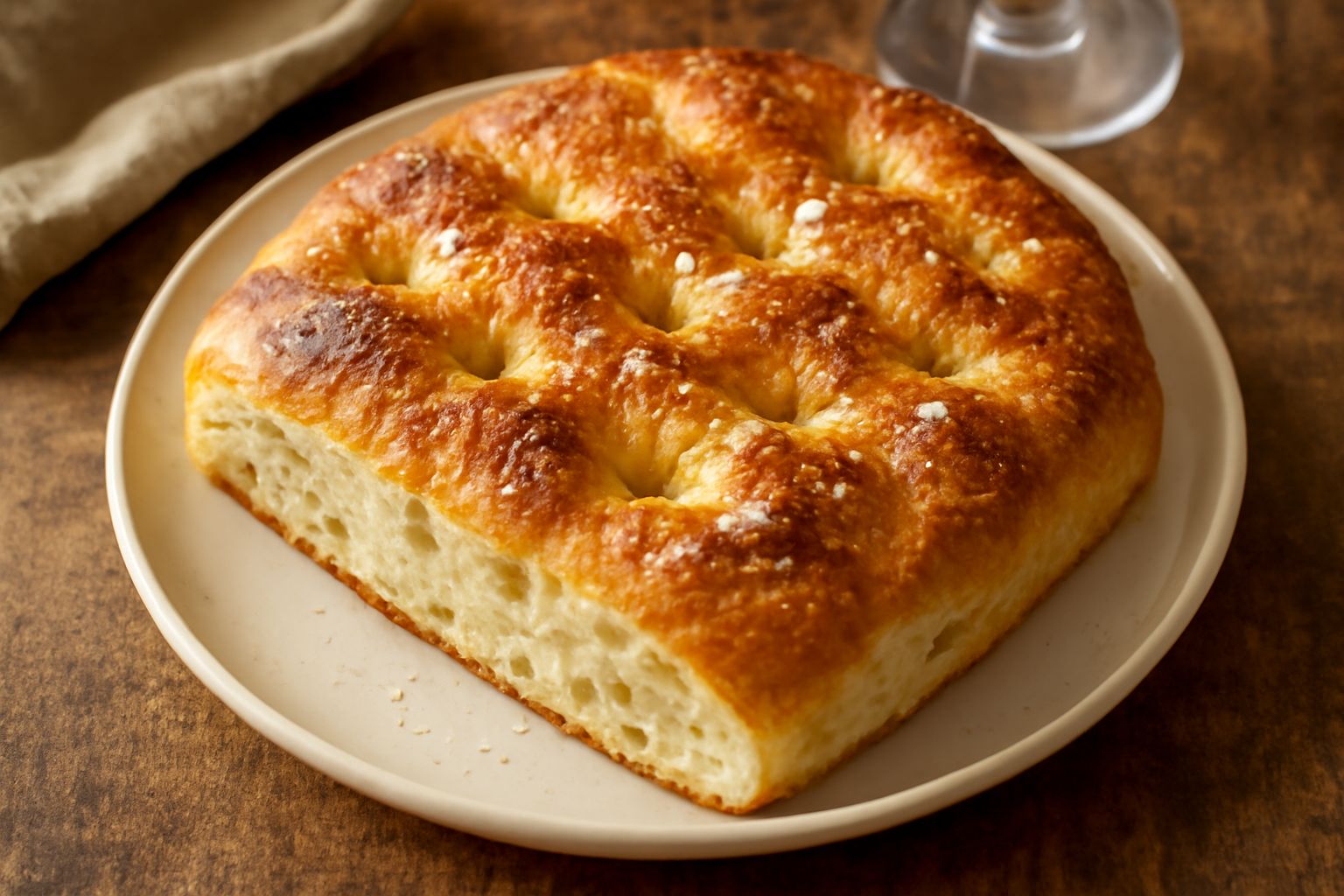 Focaccia cosentina dorata con buchi e ossature profonde, condita a grossi cristalli di sale, appena uscita dal forno, vapore visibile, tagliata a rettangoli in un piatto di terracotta