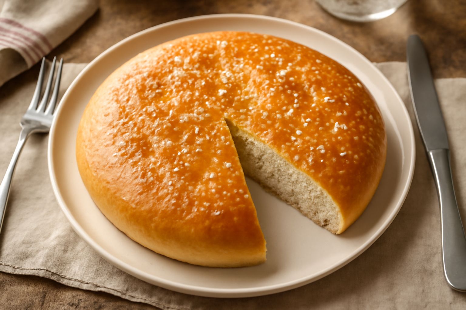 Focaccia cremonese rotonda dorata, con superficie cosparsa di sale grosso grossolano, tagliata a metà su tavolo di legno, miiga di pane bianco morbido visibile all'interno