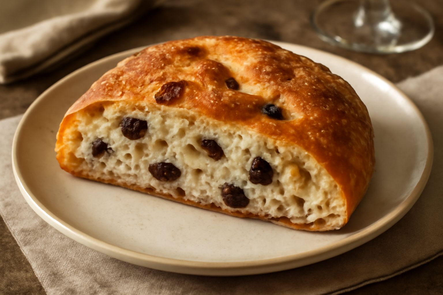 Focaccia crotonese dorata e croccante tagliata a metà su tavolo di legno, con uvetta e pezzetti di noce visibili nella mollica soffice, vapore caldo che sale dalla superficie