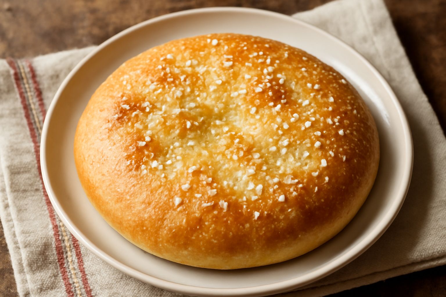 Focaccia cuneese rotonda di colore dorato, cosparsa di grossi granelli di sale marino e bagnata d'olio, posata su un canovaccio bianco con un coltello di lato