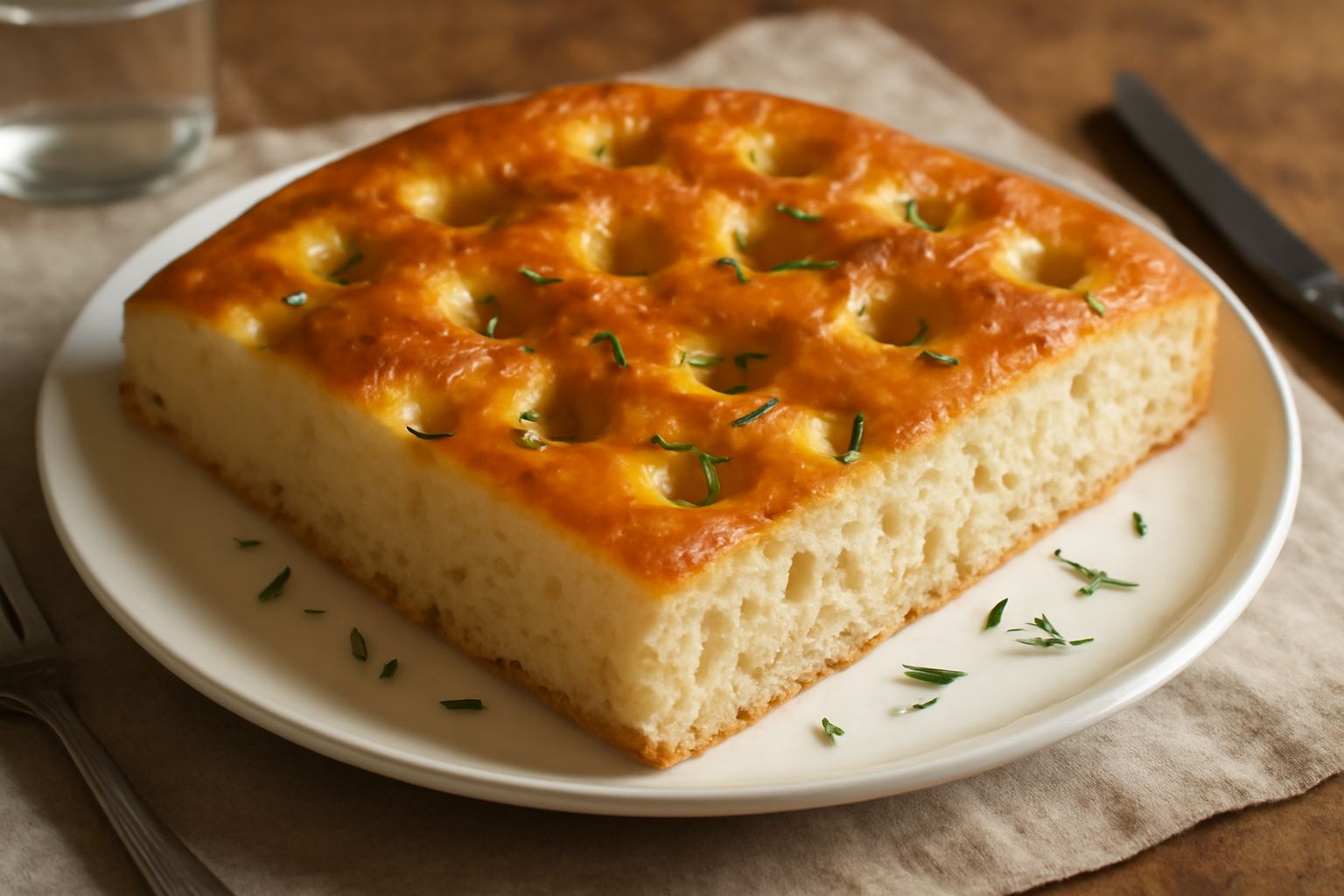 Focaccia d'Alessandria dorata con fossette profonde, ricoperta d'olio che brilla e aghi di rosmarino verde, su un piatto bianco con una tazza di caffè accanto