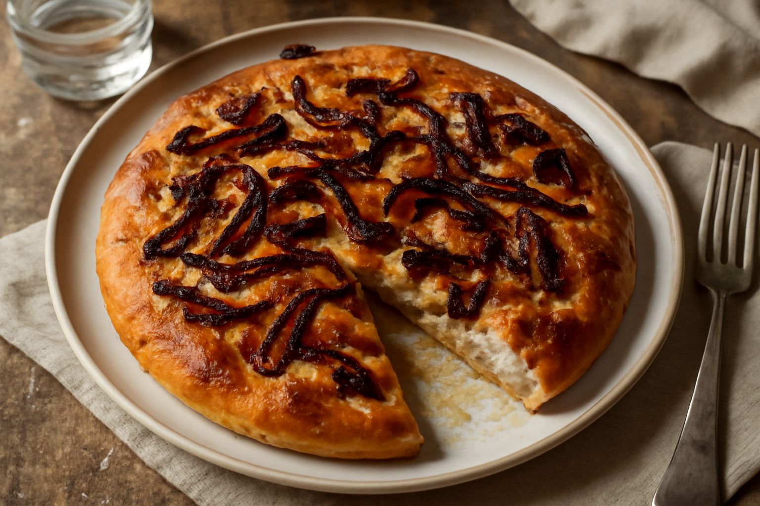 Focaccia di cipolla rossa appena sfornata, dorata e brillante di olio, con cipolle caramellate rosso scuro visibili in superficie, tagliata a porzioni su un piatto bianco