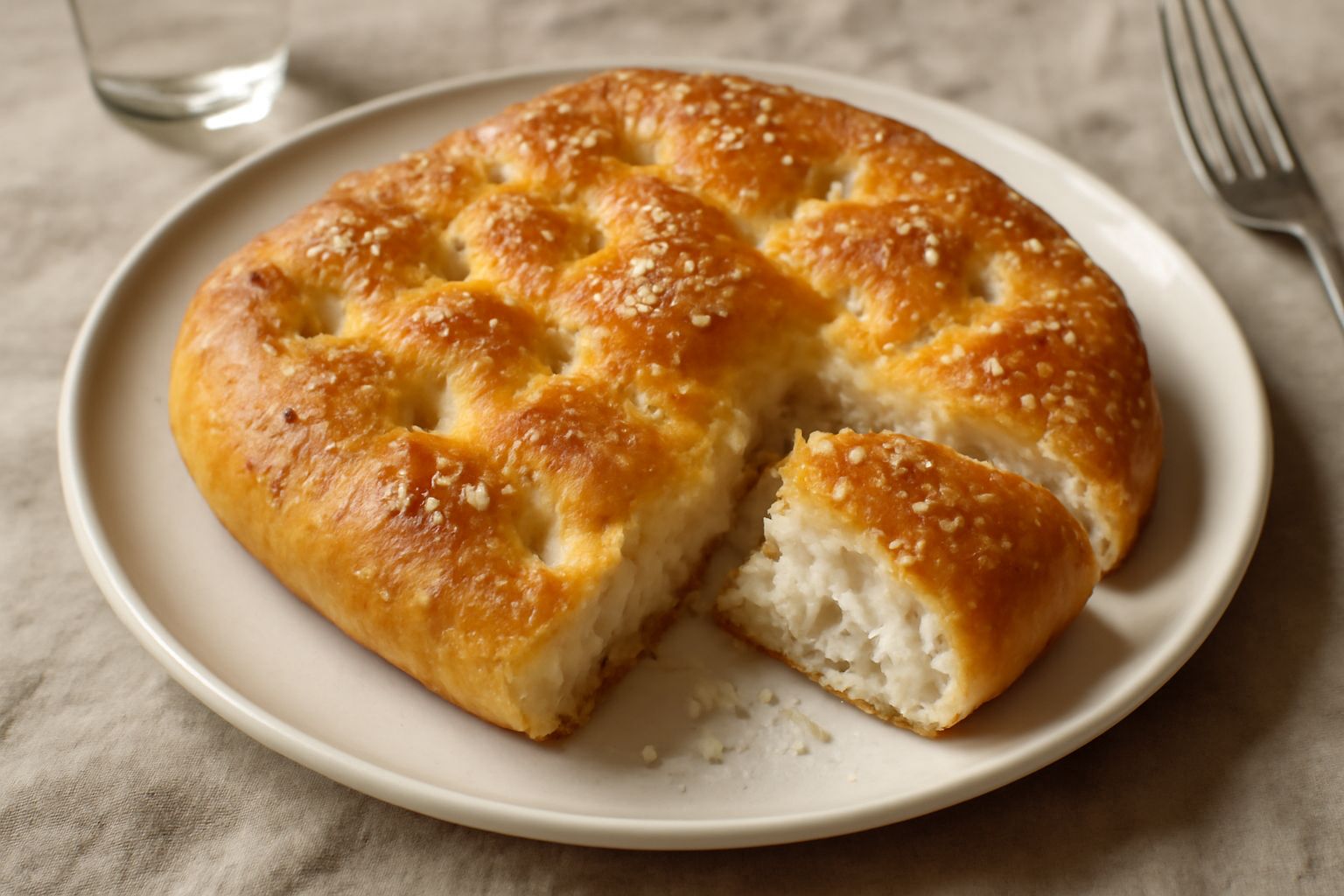 Focaccia di Cuneo appena sfornata, dorata e croccante, con cristalli di sale grosso in superficie e sottile strato di olio d'oliva, poggiata su una tovaglia di lino bianco