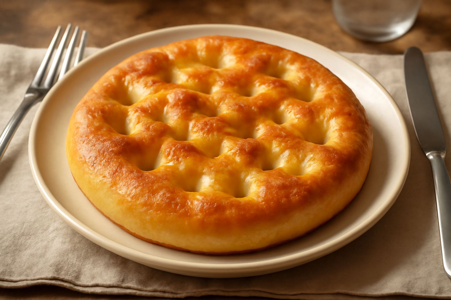 Focaccia dorata con crosta lucida e fossette piene d'olio d'oliva, decorata con rosmarino fresco e sale grosso, su un piatto di legno chiaro