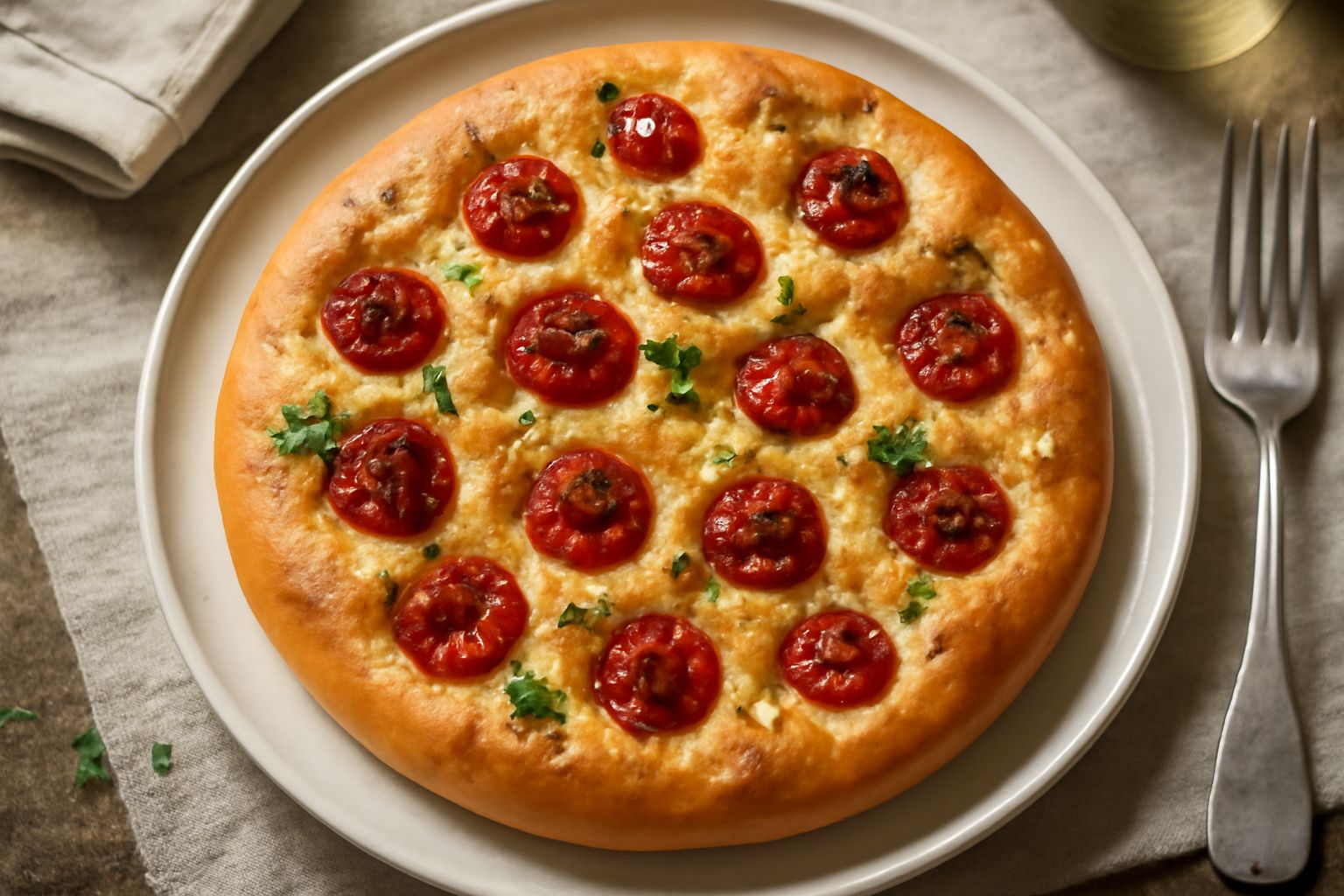 Una focaccia rettangolare dorata e leggermente croccante in superficie, coperta da pomodorini rossi, spicchi d'aglio e origano verde, poggiata su un piatto bianco con un filo d'olio.