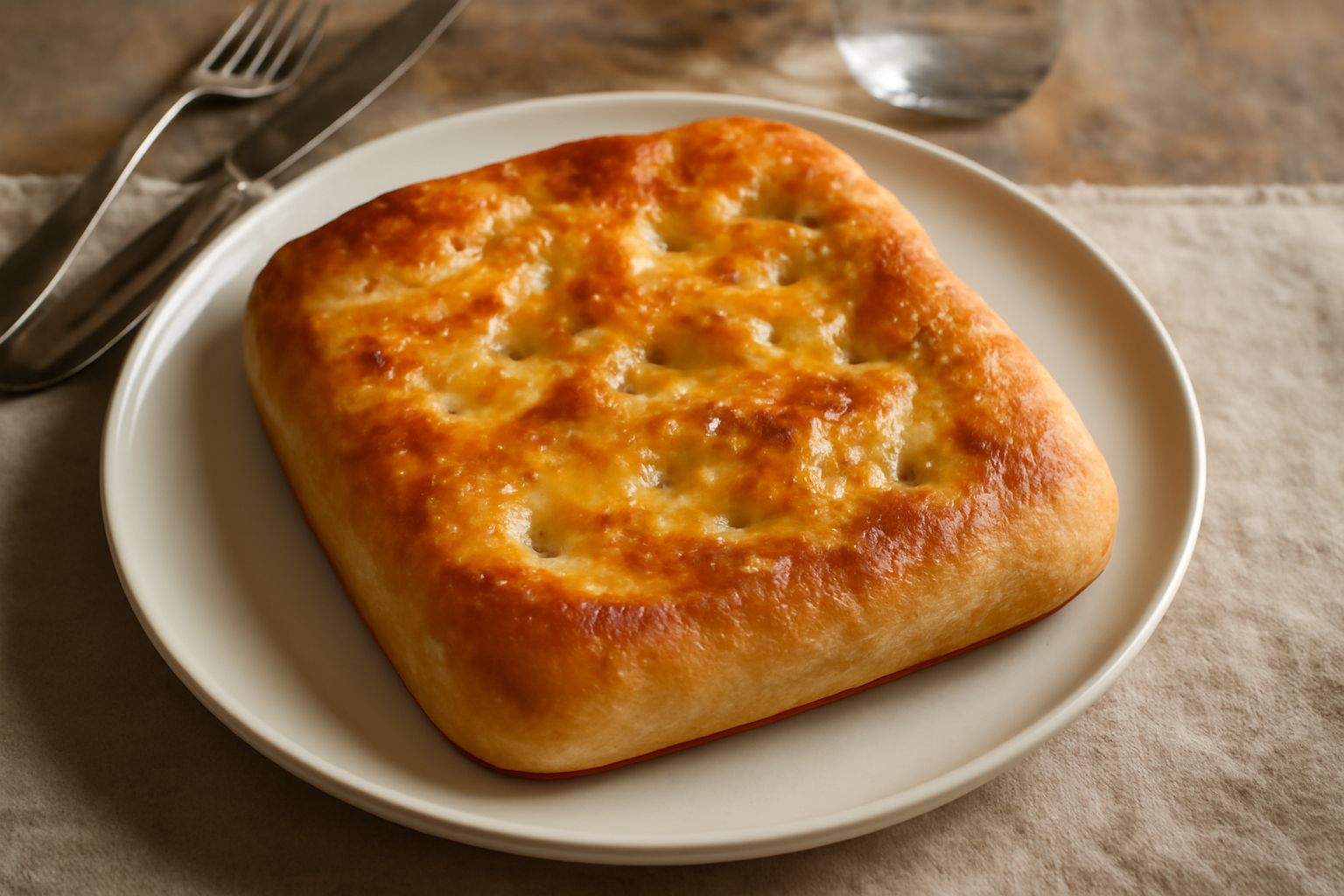 Focaccia di Catanzaro dorata e croccante su un piatto bianco, ricoperta di gocce d'olio lucido e cristalli di sale marino grosso, con una leggera doratura uniforme