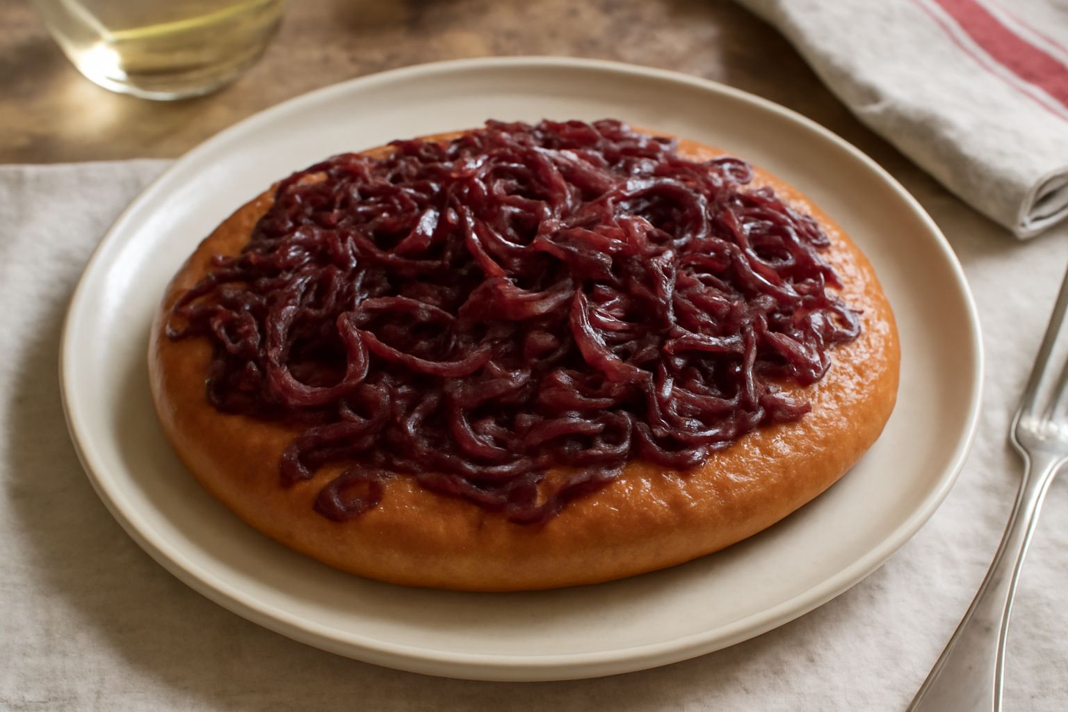 Focaccia di Como su tavolo di legno, pagnotta bassa dorata, coperta di cipolle rosse caramellate e olio lucido, forma ovale schiacciata, superficie umida e morbida