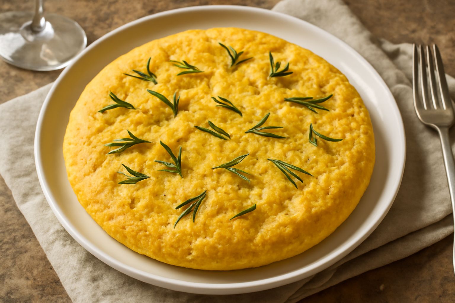 Focaccia di granturco dorata e soffice in tavola, con tracce di rosmarino fresco e cristalli di sale grosso visibili in superficie, tagliata a fette