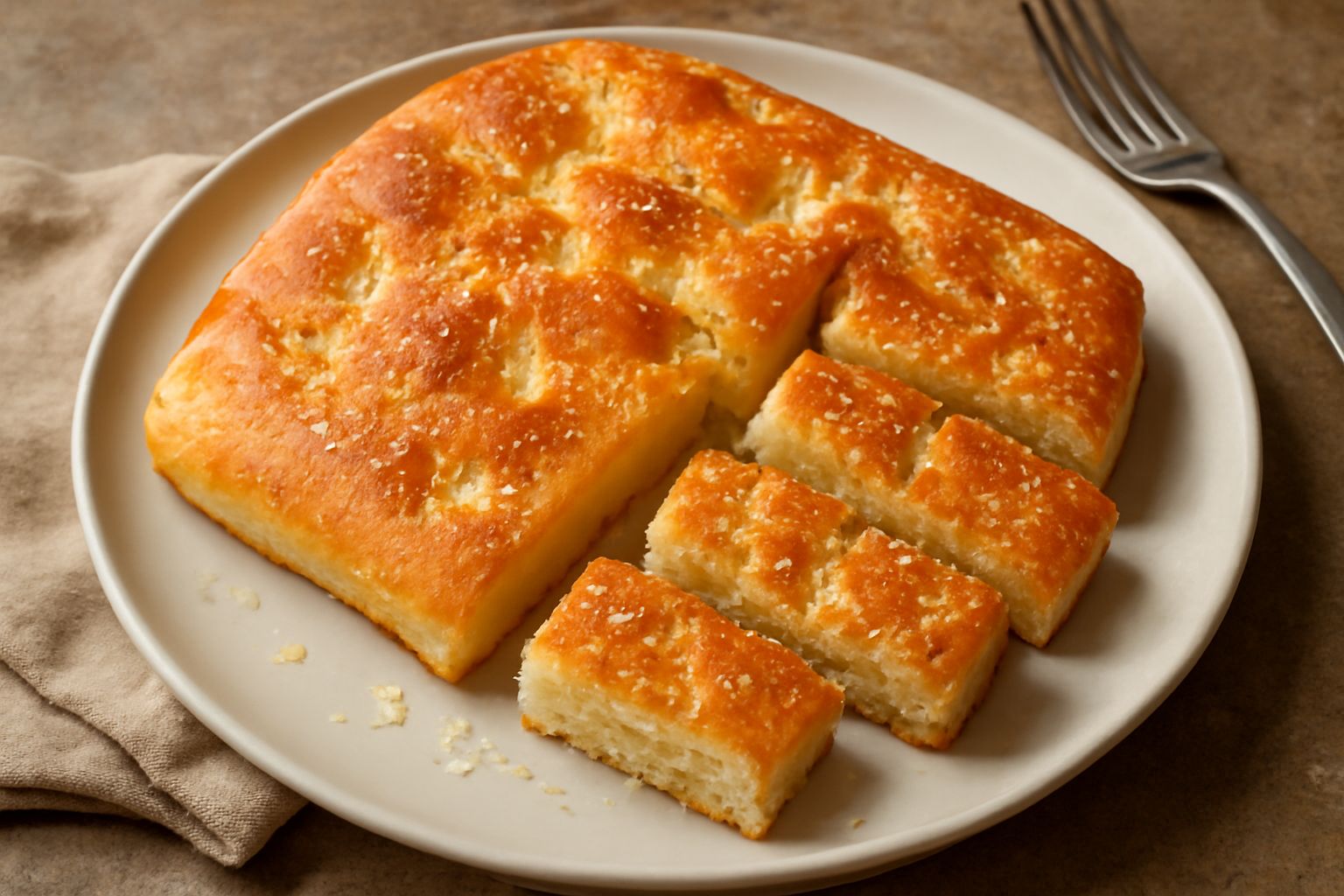 Focaccia di Isernia appena sfornata, intera e tagliata a fette, con crosta dorata e croccante, cosparsa di sale grosso e tracce di olio d'oliva sulla superficie, su tavolo di legno