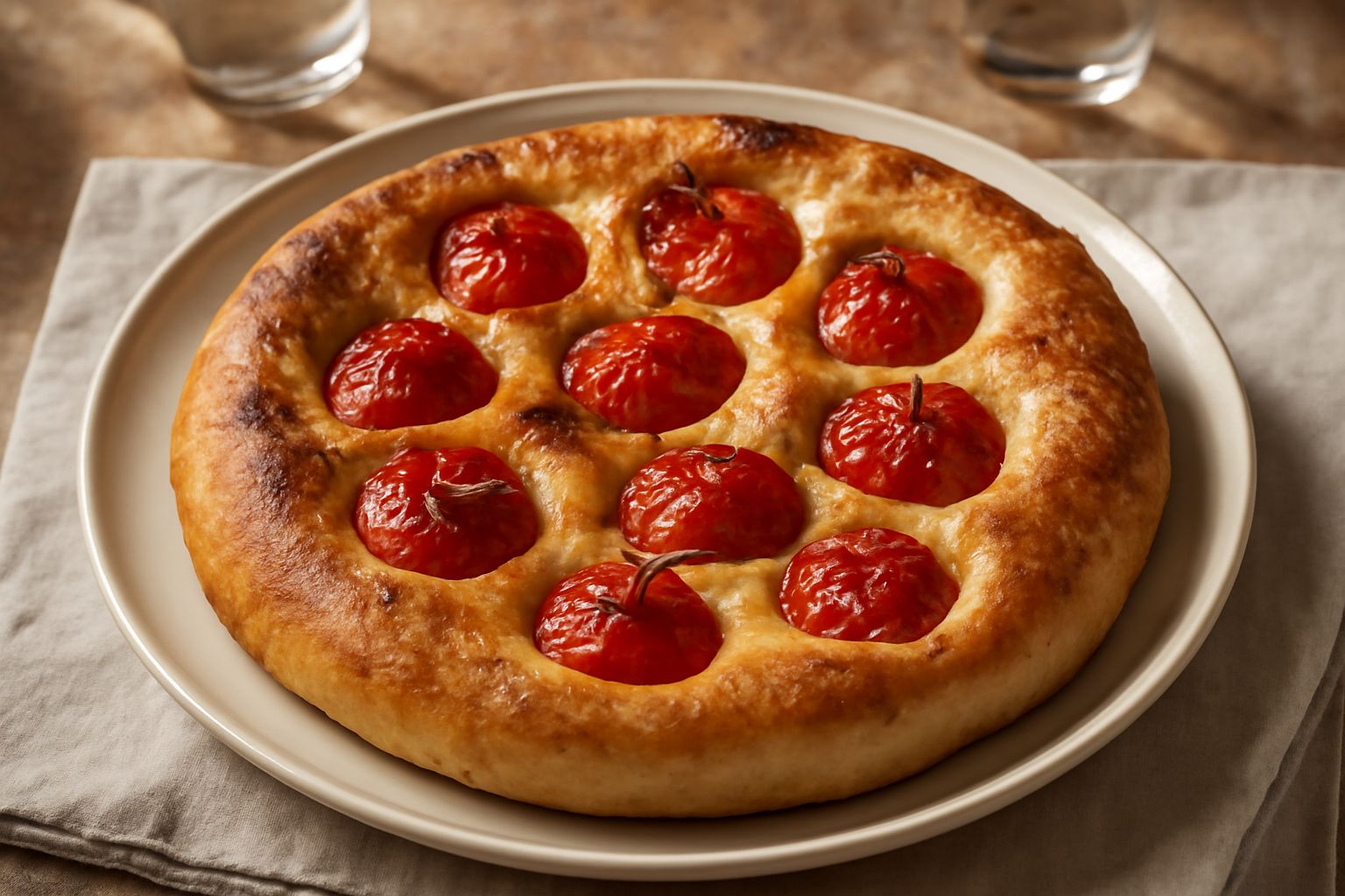 Focaccia di Laterza dorata su un piatto bianco, coperta di pomodori rossi freschi e olive nere, con gocce di olio d'oliva che brillano, cornicione croccante ben visibile