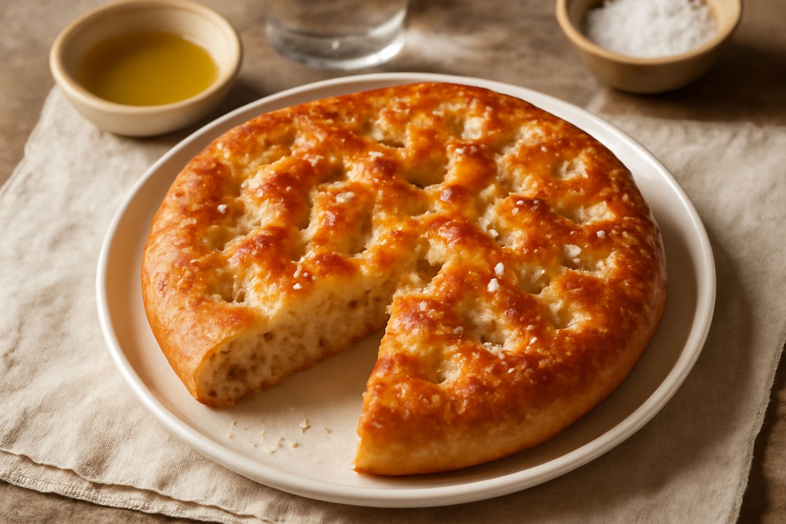 Focaccia di Lugagnano dorata con smerlature regolari, superficie cosparsa di sale grosso e olio lucido, tagliata a metà che mostra l'interno soffice e alveolato