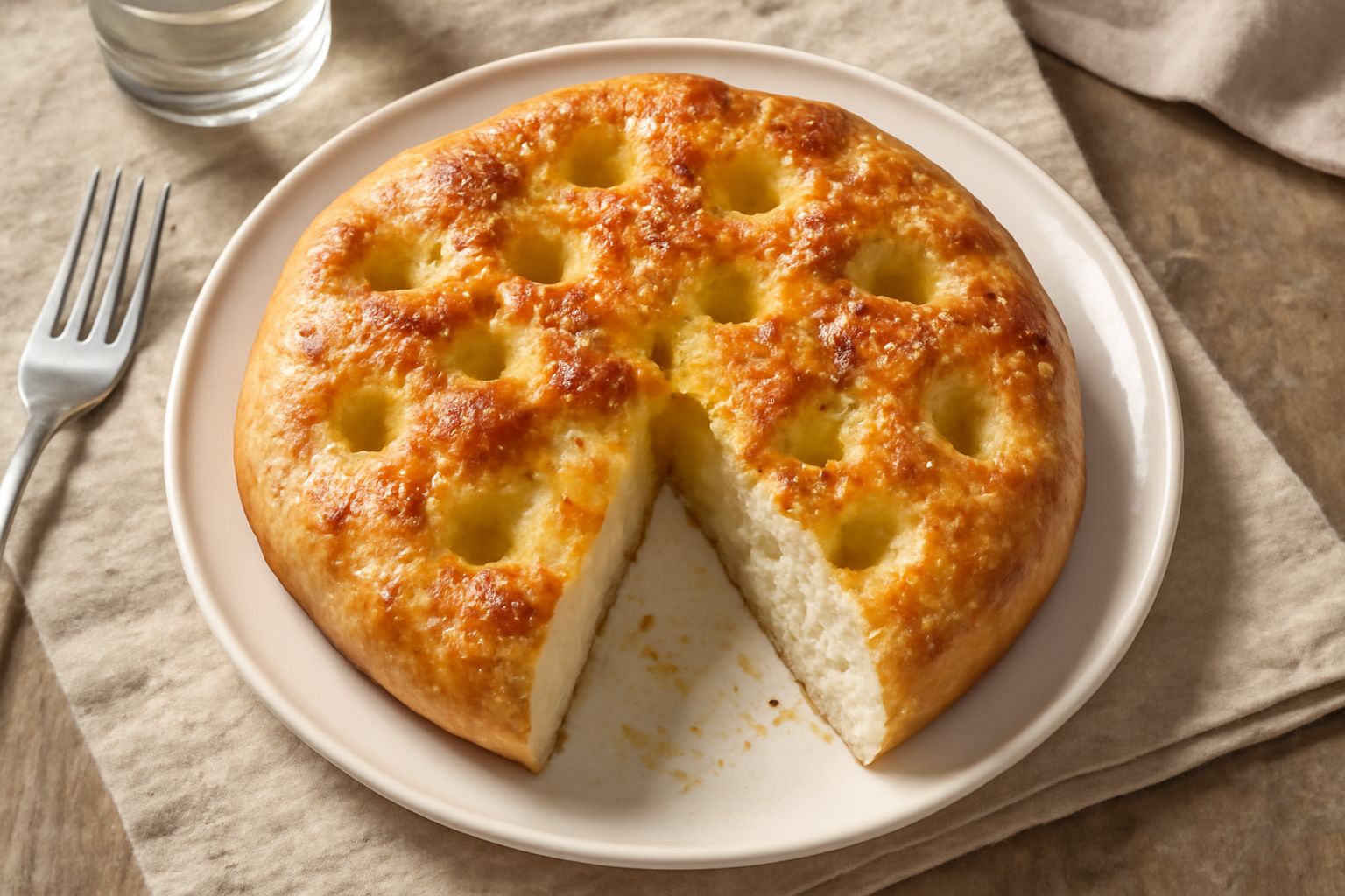 Focaccia di Matera dorata con superficie bitorzoluta coperta di olio d'oliva e granelli di sale grosso, appena sfornata, intera e affettata su tavolo di legno scuro
