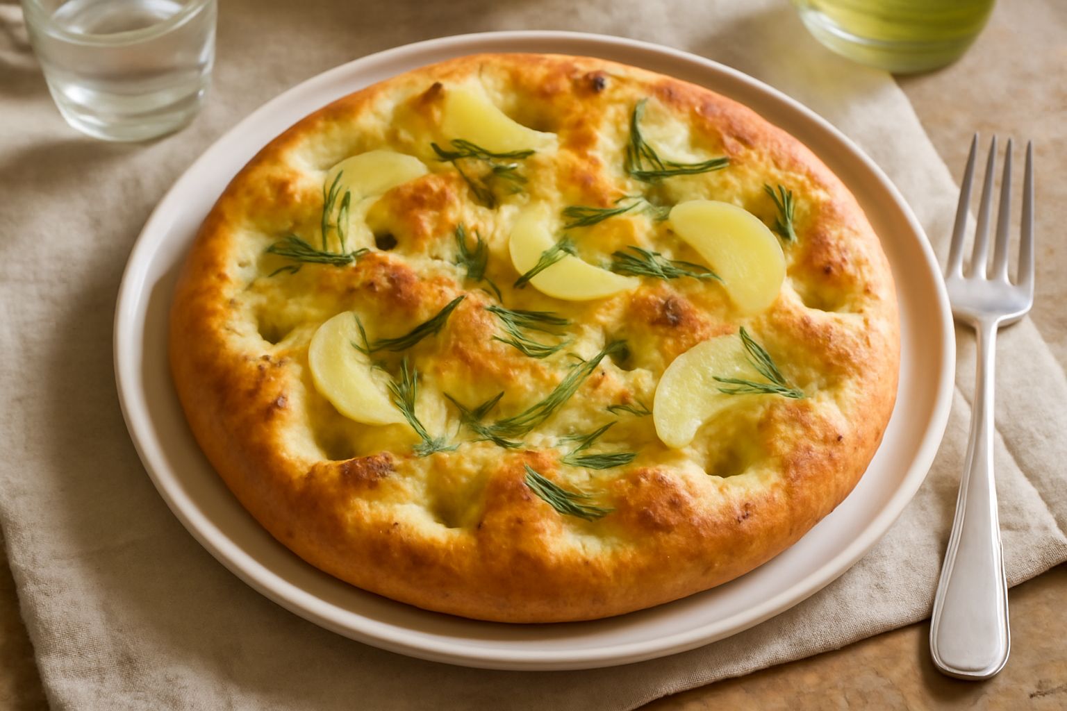 Focaccia di Melfi tonda e dorata su un canovaccio bianco, con fossette profonde piene di olio d'oliva, ramo di rosmarino fresco posato sopra, sfondo di legno chiaro