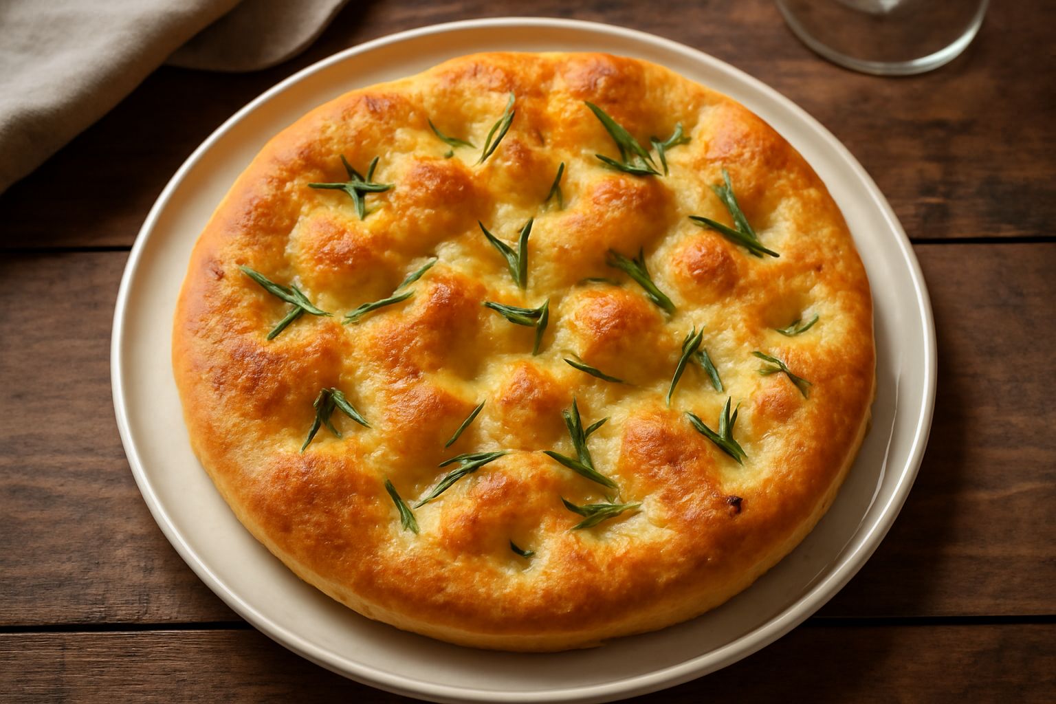 Focaccia appena sfornata con superficie croccante dorata, tracce di olio d'oliva lucido, rosmarino fresco e granelli di sale grosso sparsi in rilievo, servita su tavolo di legno scuro