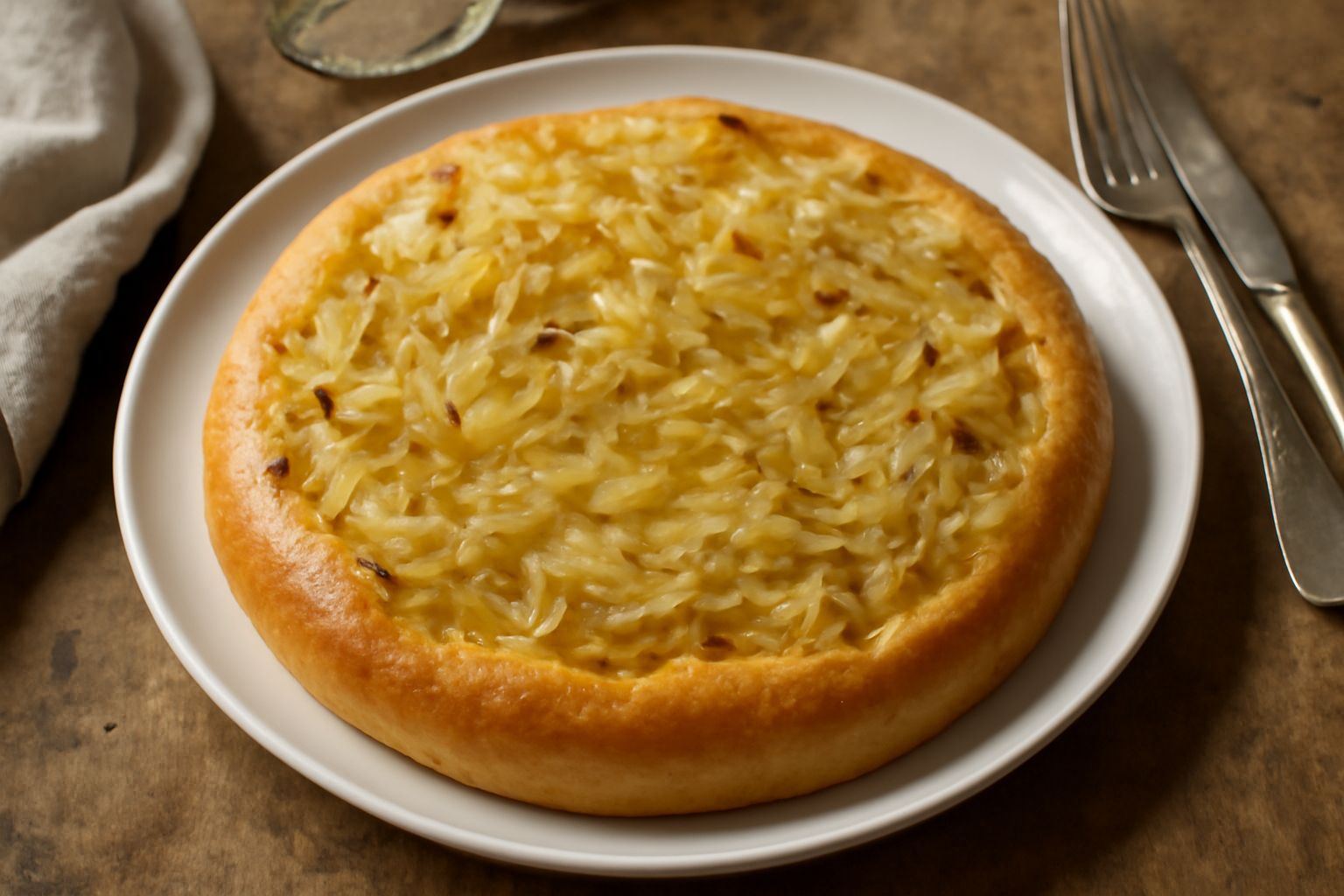 Focaccia di Oneglia tonda appena sfornata, dorata e lucida, con cipolla caramellata visibile sulla superficie, ricoperta di olio extravergine e cristalli di sale marino