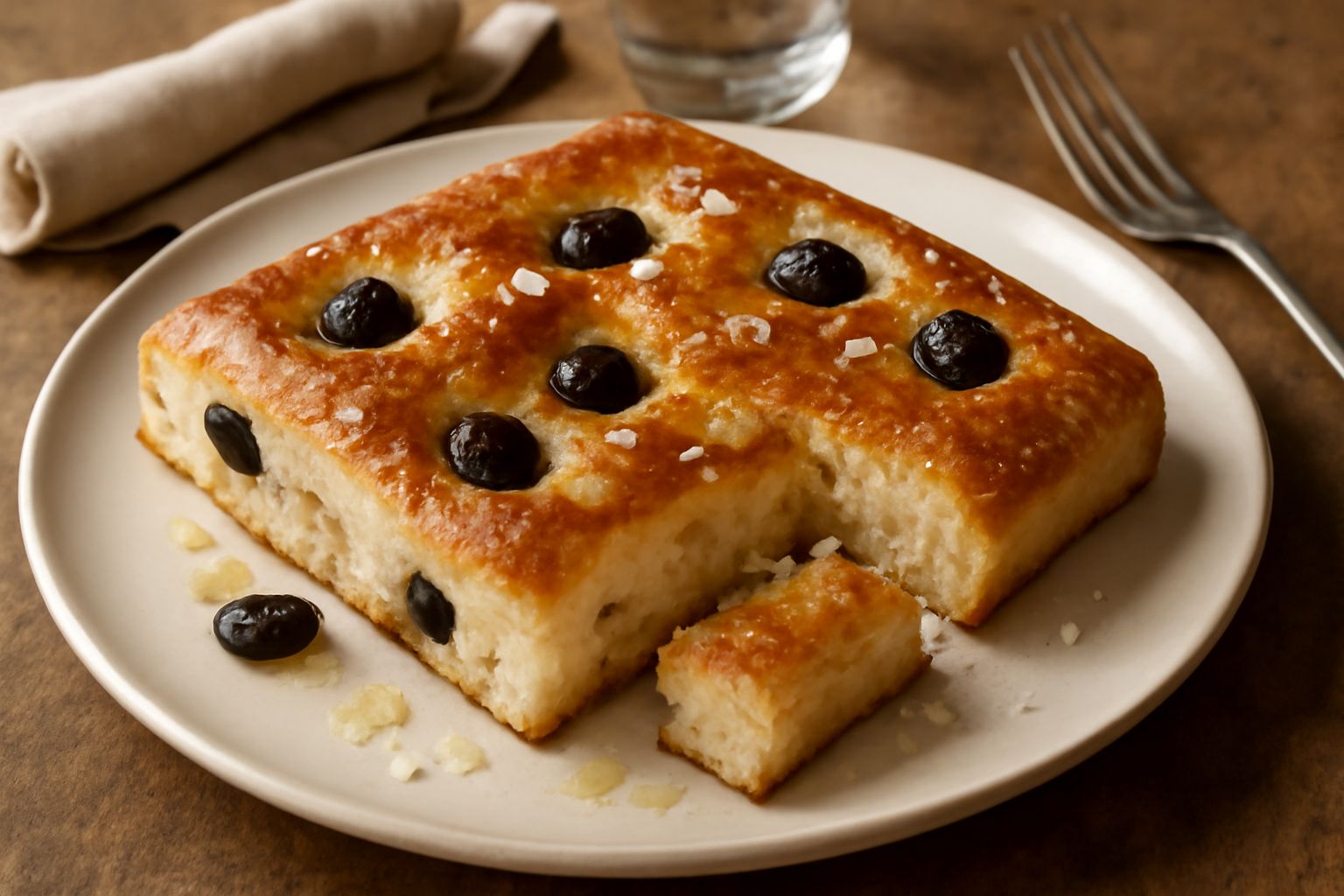 Focaccia di Ortona dorata e unta d'olio su tavolo di legno, con olive nere sparse in superficie e cristalli di sale grosso, tagliata a fette