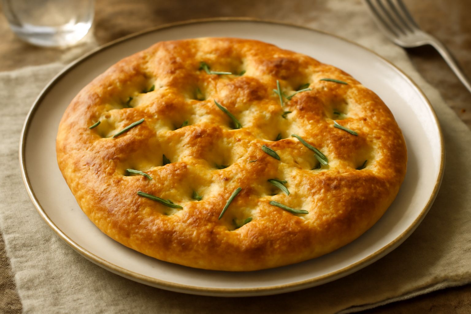 Focaccia di Pavia dorata su piastra bianca, con buchi in superficie, rosmarino fresco, grani di sale grosso, infossature umide di olio d'oliva che brillano