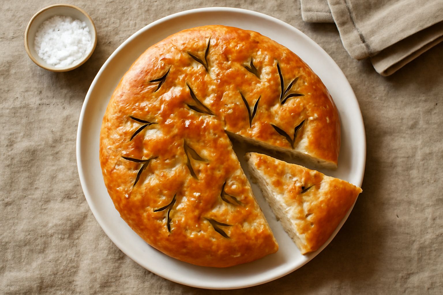 Focaccia di ramerino dorata e croccante su un piatto bianco, cosparsa di sale marino grosso e rametti di rosmarino fresco, con buchi regolari sulla superficie e tracce di olio d'oliva lucido