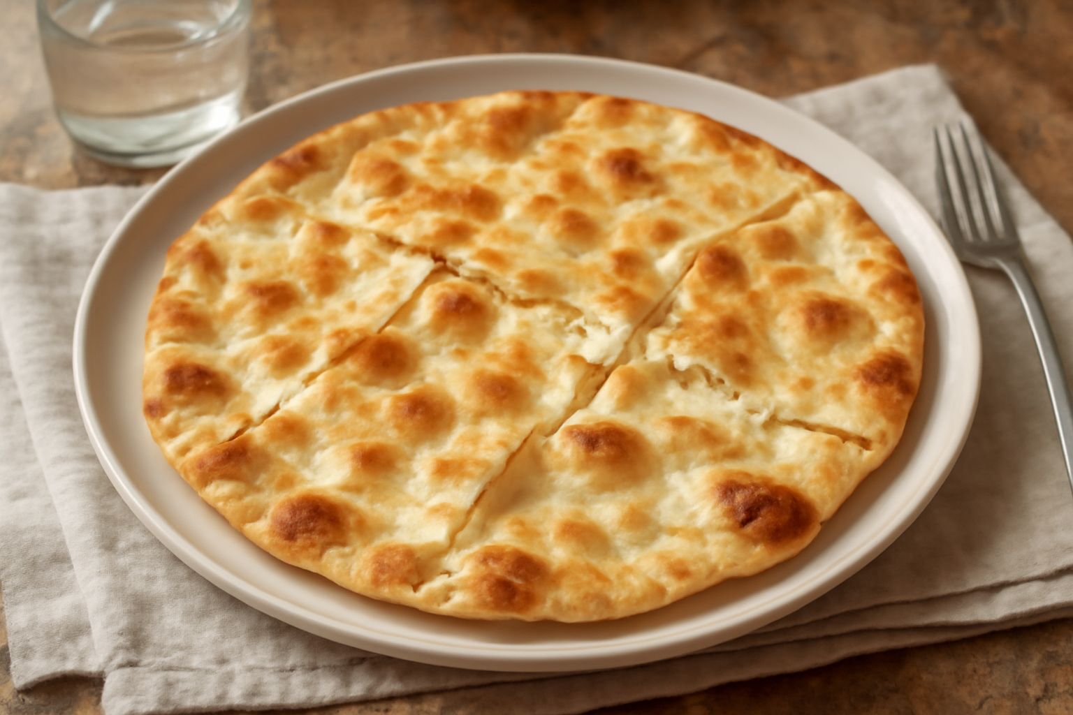 Focaccia di Recco dorata e croccante a strati sottili su un piatto bianco, vista dall'alto con riflessi di olio d'oliva sulla superficie