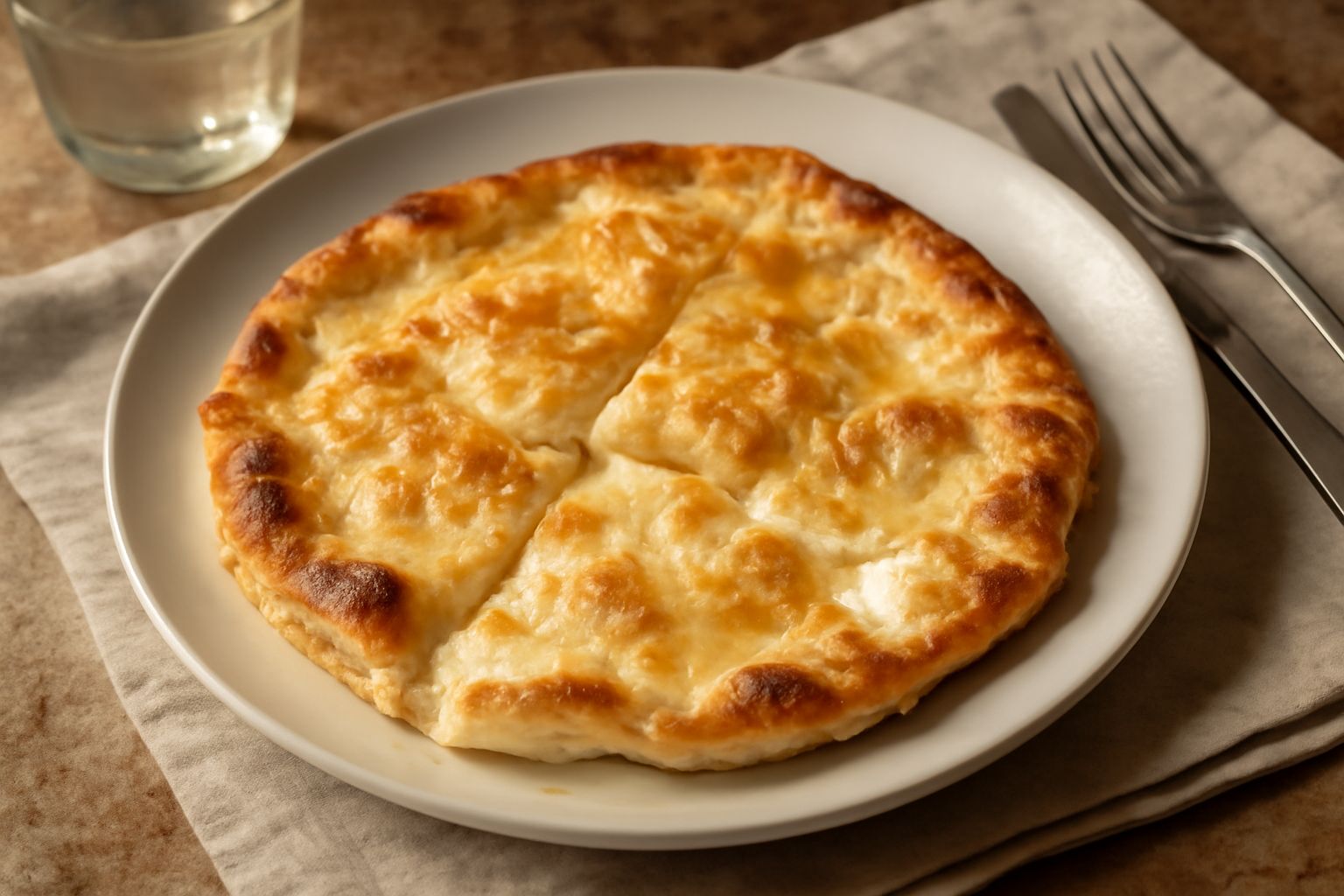 Focaccia col formaggio di Recco tagliata a pezzi quadrati, croccante e dorata, con formaggio filante che fuoriesce da due strati sottili di pasta trasparente, olio lucido in superficie
