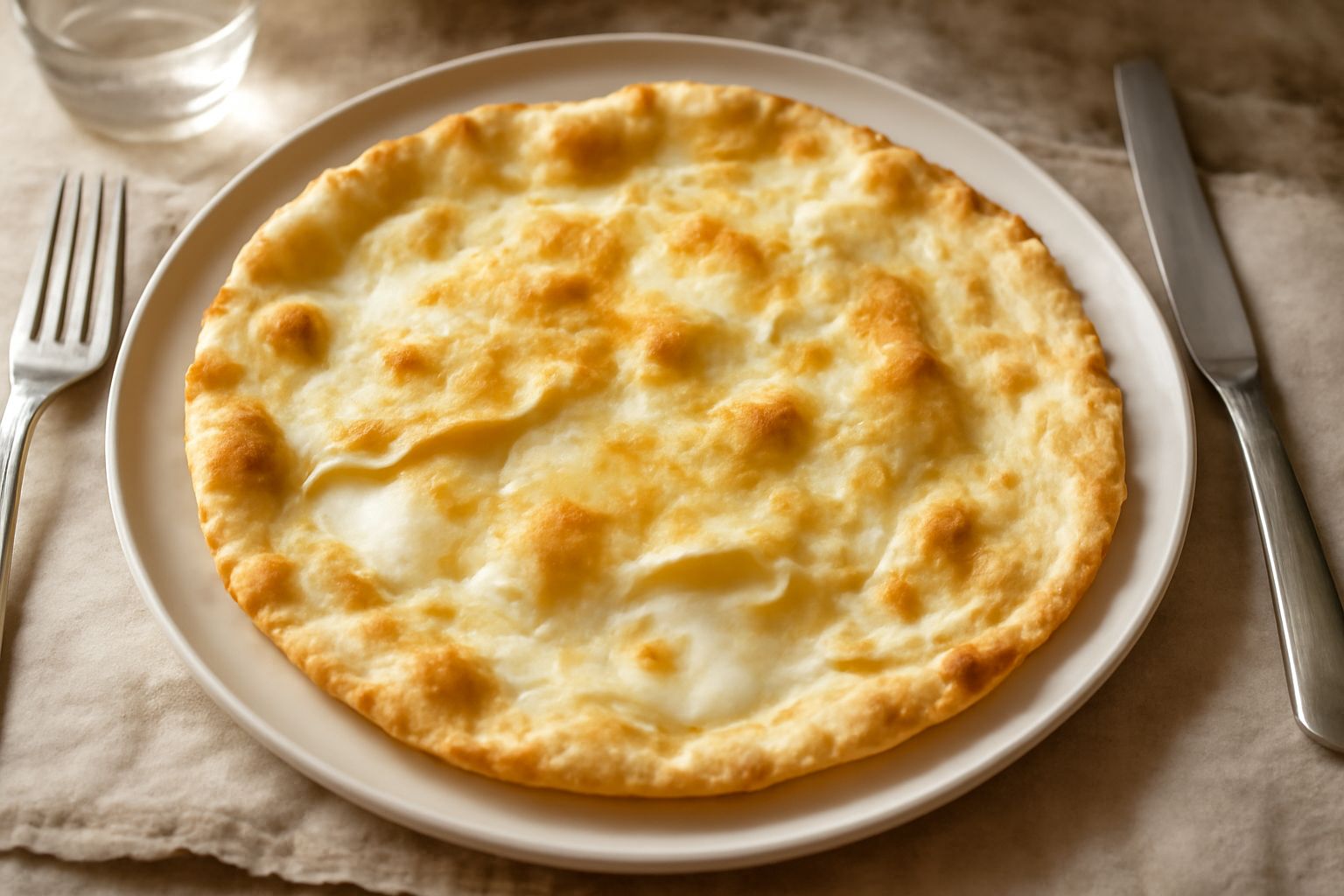Focaccia di Recco dorata e croccante in un piatto bianco, con sfoglia sottile traslucida, formaggio filante visibile tra gli strati, cosparsa di grani di sale marino grosso e foglie di salvia fresca