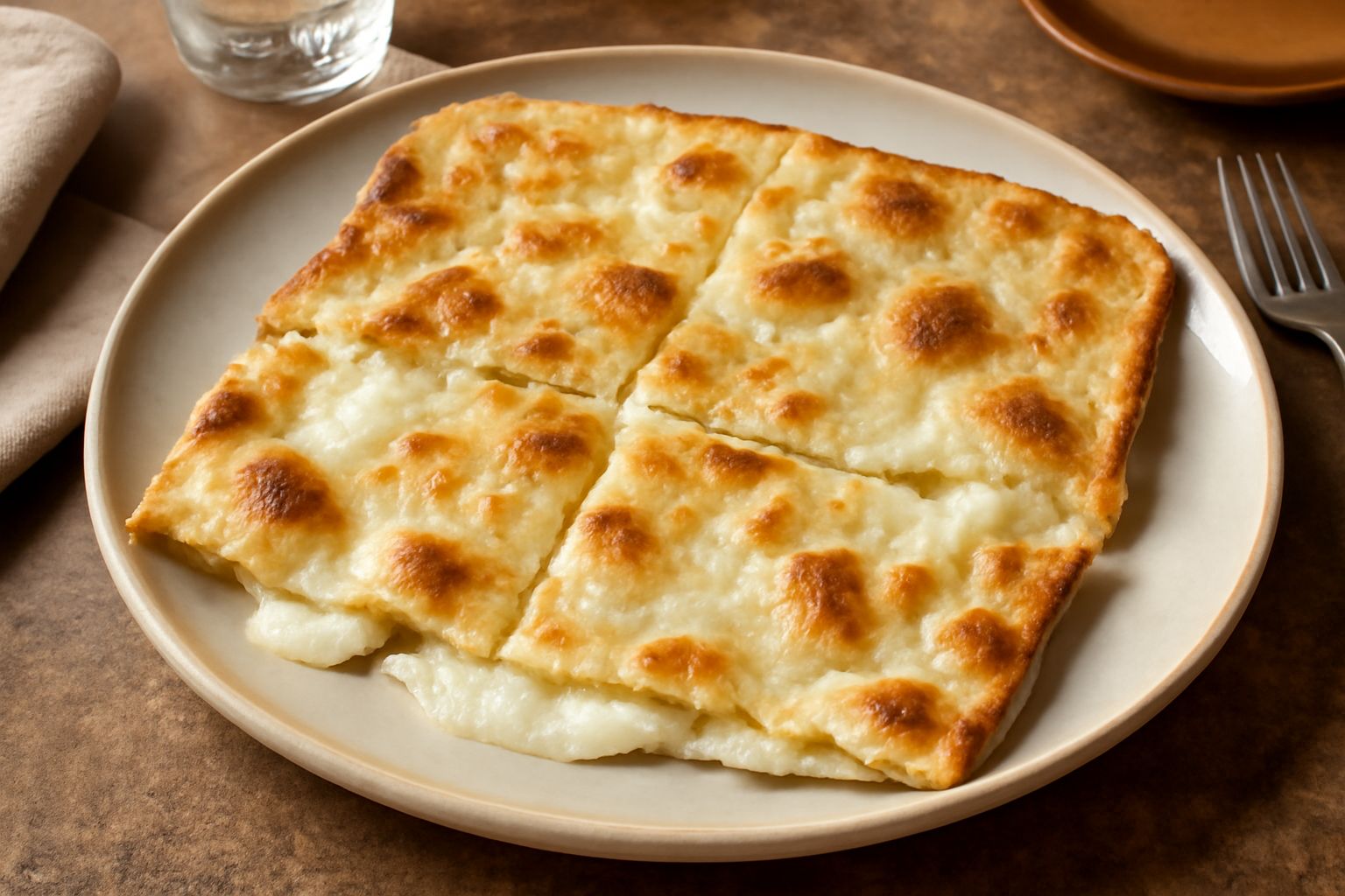 Focaccia di Recco appena sfornata, sfoglia dorata e croccante con formaggio filante che fuoriesce dai bordi, tagliata in quadrati su un piatto bianco, ancora fumante