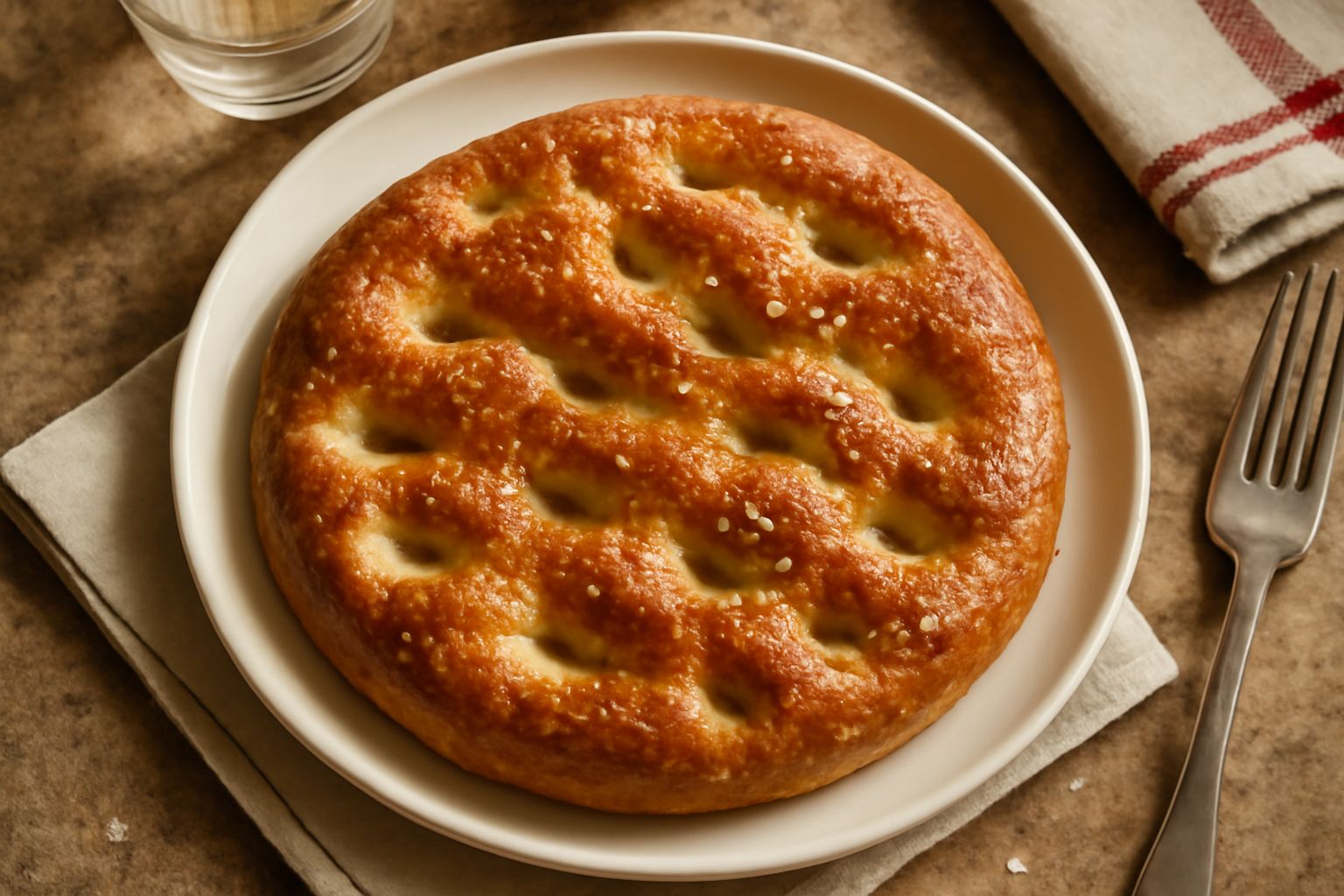 Focaccia di Sanremo appena sfornata con crosta dorata e lucida, ondulata da buchi di vapore, ricoperta di grani di sale grosso e ombra di olio, su carta bianca