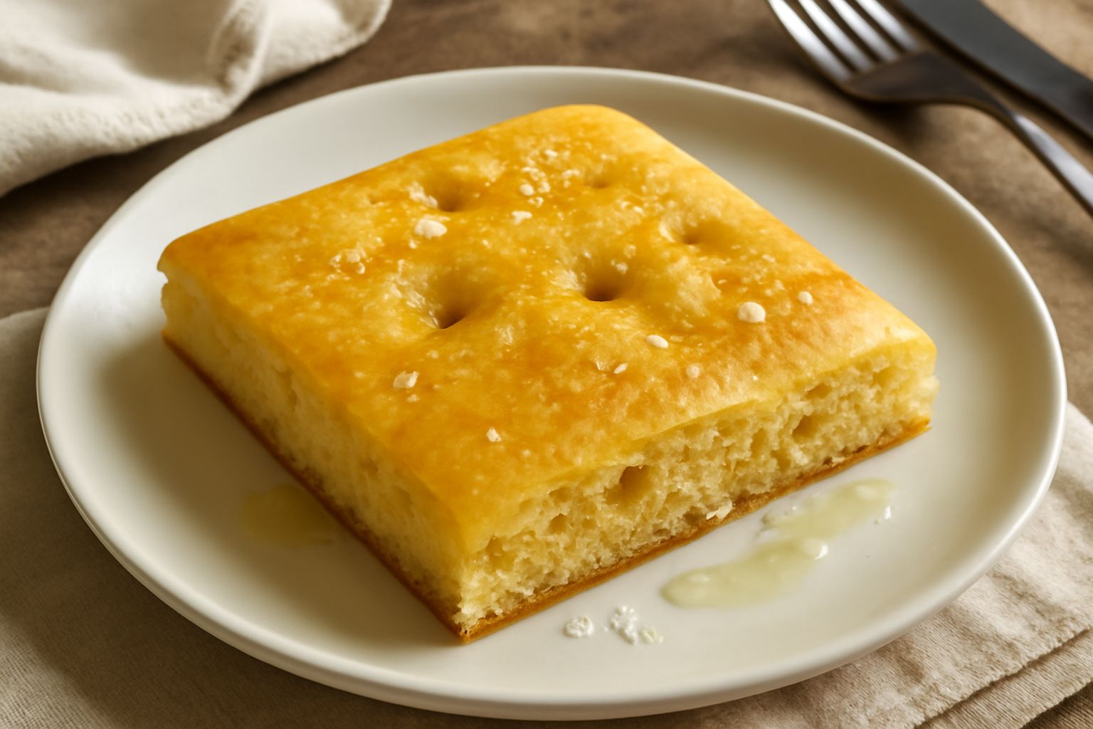 Focaccia di semola rettangolare, dorata e brillante, con superficie irregolare, dimple naturali, filo di olio d'oliva e grani di sale marino grosso sparsi sulla crosta, affettata in due pezzi su un pi