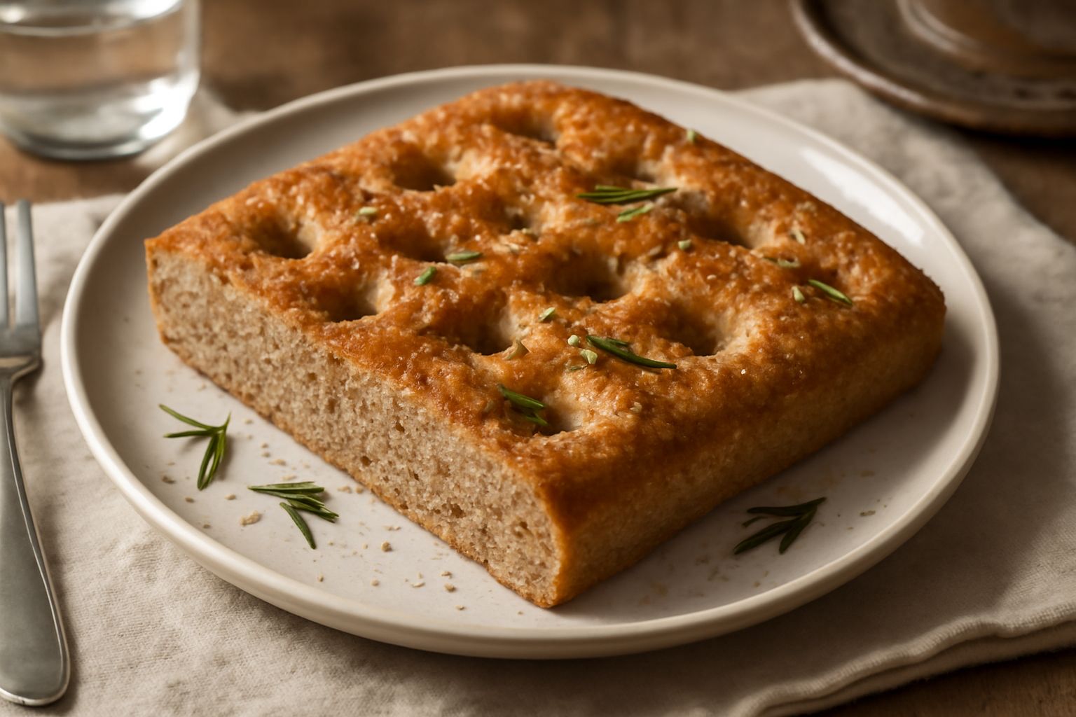 Focaccia di semola integrale dorata e fragrante appena sfornata, con grani di sale grosso sulla superficie, rosmarino fresco e leggere fossette, su una tavola di legno