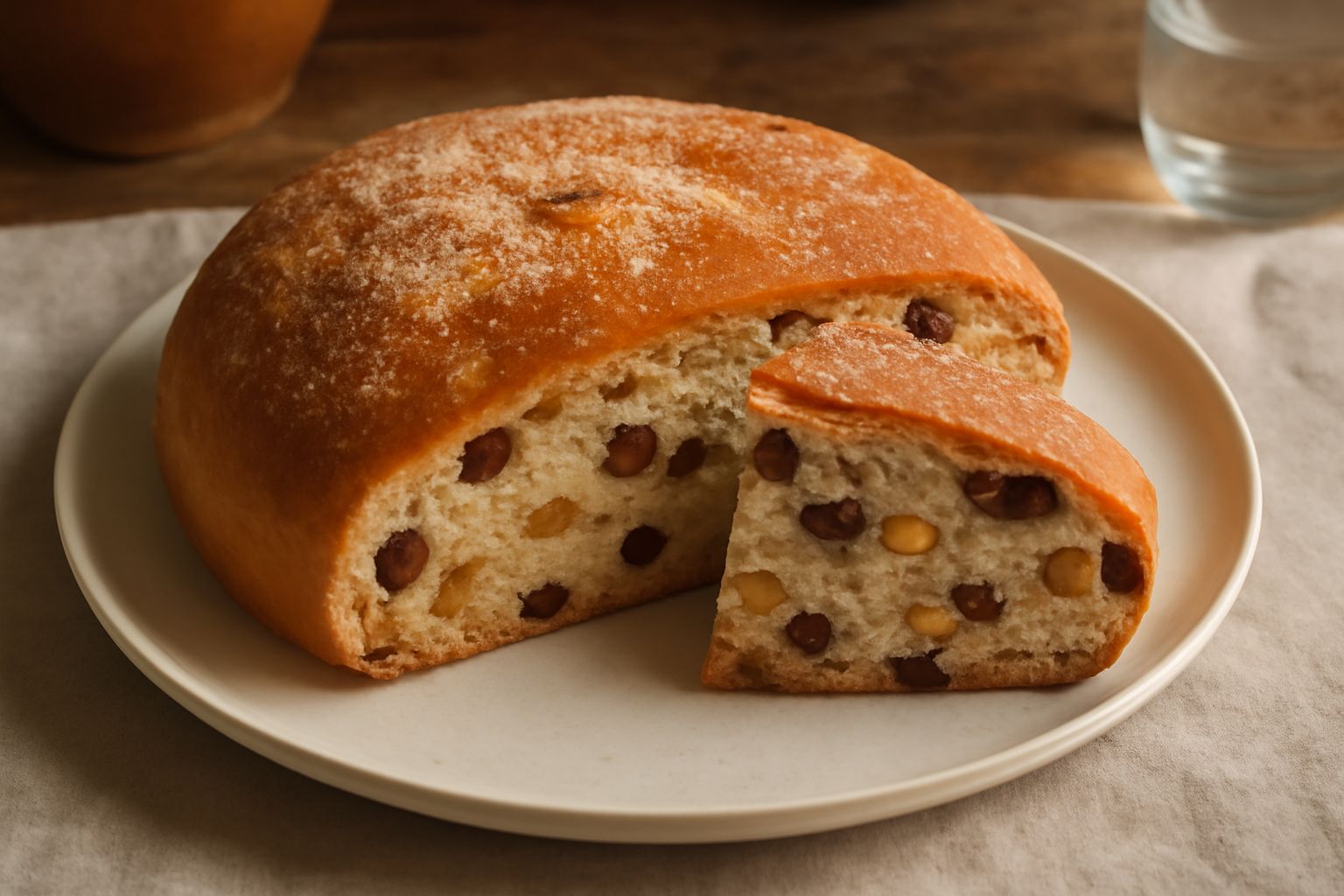 Focaccia di Sulmona dorata affettata su tavolo di legno, si vede l'impasto morbido punteggiato di uvetta scura e frutta candita gialla, spolverata di zucchero semolato