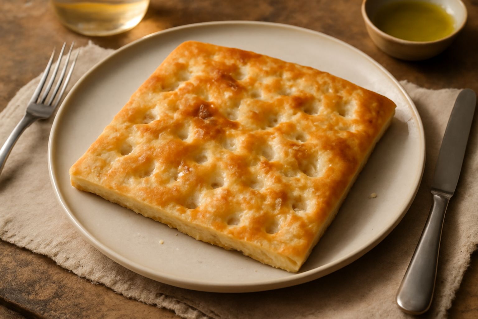 Focaccia di Taggia appena sfornata su carta bianca, rettangolare e sottile, con crosta dorata, fossettine profonde, puntini di sale grosso e lucida di olio d'oliva