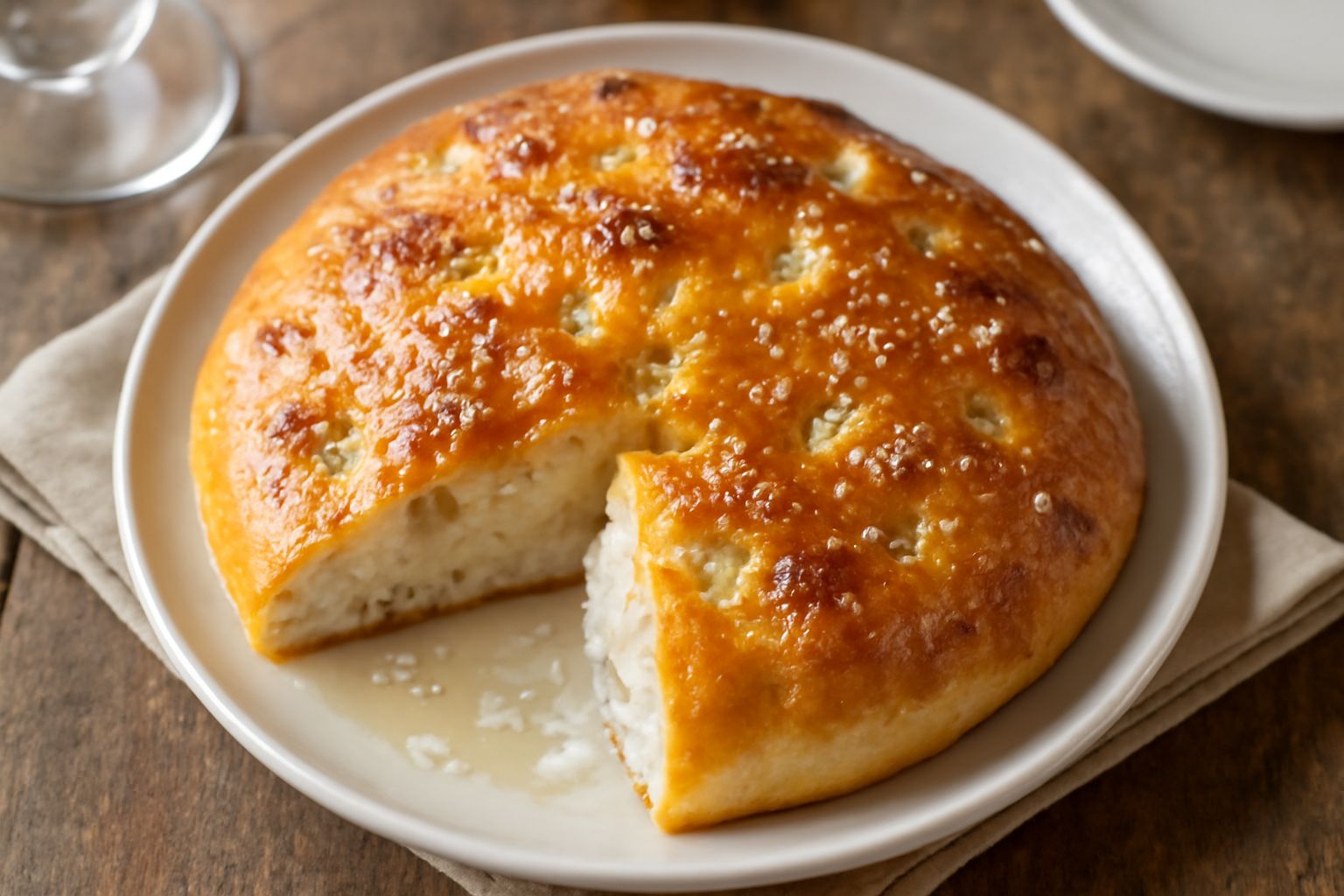 Focaccia di Termoli dorata appena sfornata su un piatto bianco, con superficie brillante per l'olio d'oliva, cristalli di sale marino visibili, trama porosa e leggera, forme arrotondate irregolari, va